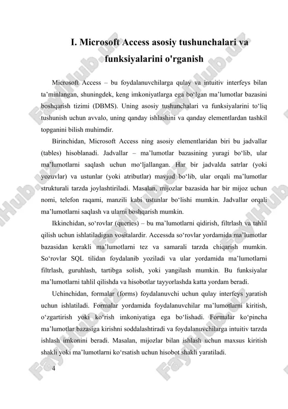 a yangilash uchun optimallashtirilgan. bundan tashqari, access sql (structured query language) ni qo‘llab-quvvatlaydi, bu esa ma’lumotlar bilan ishlash jarayonini yanada qulay va samarali qiladi. sql yordamida foydalanuvchilar ma’lumotlarni tanlash, qo‘shish, o‘chirish yoki tahrirlash imkoniyatiga ega. access’ning funksional imkoniyatlari keng va ko‘p qatlamli bo‘lib, u nafaqat kichik va o‘rta bizneslar uchun, balki ta’lim muassasalari va shaxsiy foydalanuvchilar uchun ham mo‘ljallangan. u nafaqat ma’lumotlarni saqlash va boshqarish uchun, balki avtomatlashtirish va analitik jarayonlarni amalga oshirish uchun ham yaratilgan. masalan, makrolar yordamida avtomatik vazifalar va jarayonlarni sozlash mumkin. shuningdek, accessning asosiy xususiyatlaridan biri – bu uning foydalanuvchilarga qulayligi va o‘rganish osonligi. bu platforma, dasturlash bo‘yicha katta bilim talab qilmaydigan, grafik interfeys va vizual konstruktorlar yordamida tezda ma’lumotlar bazasini yaratish imkonini beradi. bu esa uni kichik bizneslar, pedagoglar va shaxsiy foydalanuvchilar uchun juda qulay qiladi. bundan tashqari, microsoft access ning rivojlanishi davomida uning imkoniyatlari kengayib, u sql server bilan integratsiya qilish, bulut xizmatlariga ulanish …