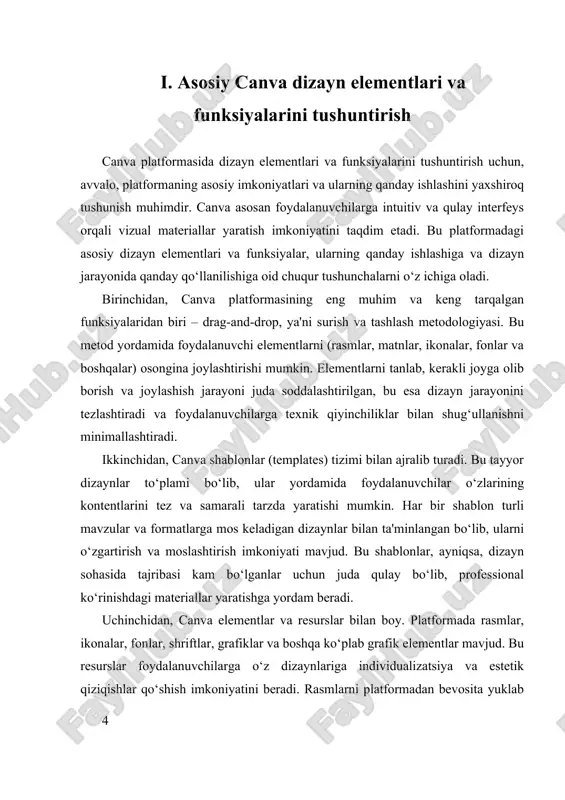 , shablonlar, grafik resurslar, matn tahrirlash va hamkorlik imkoniyatlari platformani juda qulay va samarali qiladi. bu funksiyalar nafaqat dizaynerlar, balki keng jamoatchilik uchun ham ochiq bo‘lib, modern vizual kommunikatsiyaning muhim vositasi sifatida xizmat qiladi. ii. praktik mashg‘ulotlar orqali kontent yaratish jarayonini o‘rgatish praktik mashg‘ulotlar orqali kontent yaratish jarayonini o‘rgatish, canva platformasida dizayn qilishning amaliy jihatlarini o‘rganishga qaratilgan muhim qismdir. bu usul yordamida foydalanuvchilar nafaqat nazariy bilimlarni oladilar, balki ularni real sharoitda qanday ishlatishni ham o‘zlashtiradilar. kontent yaratish jarayonining muvaffaqiyati uchun amaliy mashg‘ulotlar muhim ahamiyatga ega bo‘lib, ular yordamida ishtirokchilar o‘zlarining dizayn ko‘nikmalarini rivojlantiradilar va platformadan foydalanishdagi o‘zlariga xos yondashuvlarni shakllantiradilar. praktik mashg‘ulotlar odatda bosqichma-bosqich olib boriladi va har bir bosqichda ishtirokchilarga aniq vazifalar beriladi. avvalo, ular canva platformasining asosiy funksiyalarini va imkoniyatlarini o‘rganadilar. masalan, shablonlardan qanday foydalanish, elementlarni qayerdan topish va ularni qanday sozlash mumkinligini amaliy tarzda ko‘rsatish muhimdir. bu jarayonda “drag-and-drop” metodologiyasi asosiy rol o‘ynaydi, chunki u foydalanuvchilarga elementlarni …