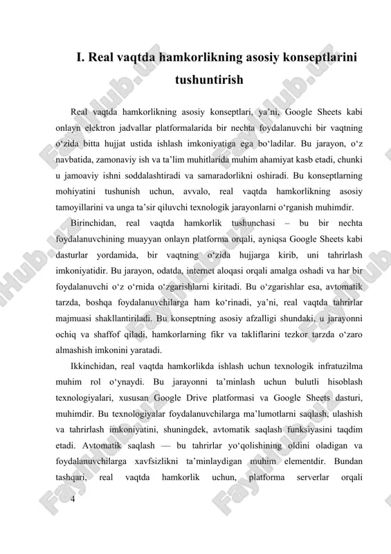 vaqtda hamkorlikning muvaffaqiyati uchun, dasturiy ta’minot va foydalanuvchilar o‘rtasidagi interfaol hamkorlik jarayoni muhim. google sheets kabi platformalar, foydalanuvchilarga hujjatga ruxsat darajasini belgilash imkonini beradi: faqat ko‘rish, tahrirlash yoki sharhlar qo‘shish huquqi. bu xavfsizlik choralarini kuchaytiradi va maxfiylikni ta’minlaydi. shuningdek, platformada real vaqtda o‘zgarishlarni kuzatish uchun bildirishnomalar va ogohlantirishlar tizimi joriy etilgan, bu esa foydalanuvchilarga voqealarni kechiktirmasdan bilib olish imkonini beradi. yakunda, real vaqtda hamkorlikning asosiy konseptlari, ularning texnologik, kommunikatsion va xavfsizlik elementlari bilan uzviy bog‘liqligi, zamonaviy ish va ta’lim jarayonlarida muhim rol o‘ynaydi. bu konseptlar, shuningdek, jamoaviy ishni rivojlantirish uchun yangi imkoniyatlar yaratadi, ma’lumotlarni boshqarish jarayonini soddalashtiradi va global hamkorlikni kengaytiradi. shu bilan birga, bu jarayonlarning samaradorligini oshirish uchun, doimiy texnologik yangilanishlar va metodologik takomillashtirishlar muhim ahamiyatga ega bo‘lib, ular yordamida foydalanuvchilar uchun xavfsiz va ishonchli hamkorlik muhitini yaratish mumkin bo‘ladi. ii. google sheetsdagi avtomatlashtirish va integratsiya usullarini o‘rganish google sheetsdagi avtomatlashtirish va integratsiya usullari, zamonaviy jamoaviy ish jarayonlarida muhim …