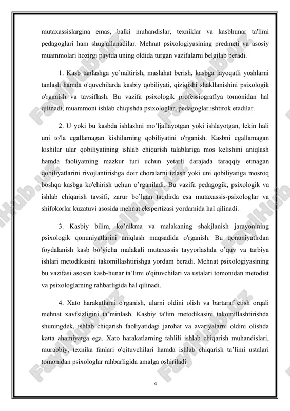 dan psixologlar rahbarligida amalga oshiriladi 5. psixik holatlarni boshqarishning eng qulay metodlarini ishlab chiqish maqsadida o'quv va ishlab chiqarish jarayonidagi psixik holat hamda kayfiyatlarni o'rganishdir. bu vazifani hal qilishda asosiy rol o’quv va ishlab chiqarishga bevosita rahbarlik qiluvchi kishilar zimmasiga yuklanadi. 6. shaxslar o'rtasidagi munosabat hamda o’quv ishlab chiqarish faoliyati jarayonidagi ijtimoiy-psixologik munosabatlarni o’rganish va shaxsning mehnat faolyati unumdorligini oshirishga samarali ta'sirini kuchaytirish bo’yicha tadbirlarni ishlab chiqish. 7. mehnat layoqatini saqlash va mehnat unumdorligini oshirish maqsadida charchash va toliqishning oldini olish choralarini izlash. bu vazifa ishlab chiqarish tashkilotchilari shuningdek, kasb-hunar maktabining rahbarlari va pedagoglari bilan birgalikda amalga oshiriladi. 8. ishlab chiqarish texnik vositalarini insoniylashtirishdan iborat vazifa muhandislik psixologiyasi tomonidan hal qilinadi. 9. mehnat psixologiyasida to’plangan hilimlarni muhandis-texniklar, muhandis-pedagog xodimlar va murabbiylar shuningdek, texnika fanlari o'qituvchilari o’rtasida yoyishdan iborat ular o'z kasbining mohiyatini tushunib, mehnat psixologiyasi bo’yicha bilimlar bilan qurollanib, bu umumiy vazifalarni o'zlarining pedagogik ishlarida amalga oshirishlari lozim. mehnat psixologiyasi …