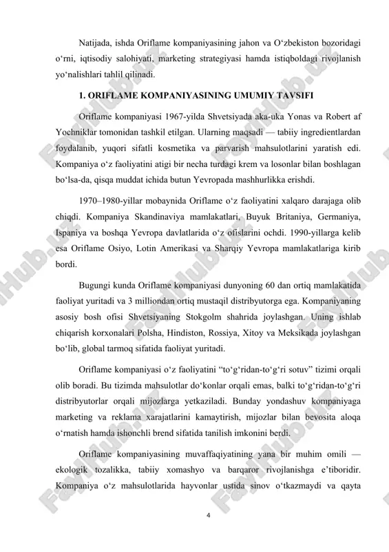 biologik faol qo‘shimchalar – “wellness” liniyasi mahsulotlari, vitaminlar va oqsil aralashmalari; aksesuarlar va moda buyumlari – sumkalar, zargarlik buyumlari, kosmetik vositalar uchun aksessuarlar. ishlab chiqarish tuzilmasi uchta asosiy yo‘nalishda tashkil etilgan: tadqiqot va rivojlantirish markazi (r&d) – yangi mahsulot turlarini ishlab chiqish, ularning ekologik xavfsizligini tekshirish bilan shug‘ullanadi. ishlab chiqarish sexlari – polsha va hindistonda joylashgan zavodlarda asosiy mahsulotlar ishlab chiqariladi. distribyutorlik tarmog‘i – mahsulotlarni mijozlarga yetkazish va marketingni amalga oshirish bilan shug‘ullanadi. kompaniya o‘z faoliyatini “inson va tabiat uyg‘unligi” konsepsiyasiga asoslagan. har bir mahsulot formulasi tabiiy tarkibiy qismlardan iborat bo‘lib, iste’molchining sog‘lig‘iga zarar yetkazmaydi. shuningdek, oriflame ishlab chiqarish jarayonlarida chiqindilarni kamaytirish, qayta ishlanadigan qadoqlash materiallaridan foydalanish orqali ekologik barqarorlikni ta’minlaydi. bugungi kunda oriflame kompaniyasi global kosmetika bozorida eng yirik brendlardan biri hisoblanadi. uning asosiy raqobatchilari — avon, faberlic, mary kay, amway, l’oréal kabi kompaniyalardir. oriflame o‘zining marketing strategiyasida to‘g‘ridan-to‘g‘ri sotuv modelidan tashqari, raqamli texnologiyalarni ham joriy qilgan. kompaniya onlayn …