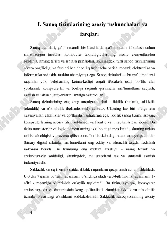 k — raqamli elektronika va informatika sohasida muhim rol o’ynaydi. ular yordamida ma’lumotlar aniq, tez va samarali tarzda ifodalanadi, uzatilib, saqlanadi. bu tizimlarning rivojlanishi va keng qo’llanilishi, zamonaviy kompyuter texnologiyalarining asosiy poydevorini tashkil etadi va texnologik yutuqlar bilan birga, yangi innovatsion yechimlar uchun imkoniyatlar yaratadi. shu bilan birga, sanoq tizimlarining optimal qo’llanilishi va ularning murakkablik darajasi haqida olib borilayotgan izlanishlar, raqamli texnologiyalarni yanada rivojlantirish uchun asosiy yo’nalishlarni belgilab bermoqda. ii. amaliy qo'llanilishi va dasturlashdagi roli raqamli elektronika sohasida sanoq tizimlarining amaliy qo‘llanilishi va dasturlashdagi roli juda keng va muhimdir. ushbu soha rivojlanishi bilan, sanoq tizimlari — ayniqsa, ikkilik (binarny), sakkizlik (oktallyik) va o‘n oltilik (hisadesimal) tizimlar — kompyuter texnologiyalarining asosiy fundamentini tashkil etadi. bu tizimlarning dasturlash va amaliy qo‘llanilishi ma’lumotlarni kodlash, uzatish, saqlash va ishlash jarayonlarida muhim rol o‘ynaydi. dasturlash tillarida sanoq tizimlari bilan ishlash uchun bir necha oddiy va murakkab metodlar mavjud. misol uchun, yuqori darajadagi dasturlash tillarida, odatda, …