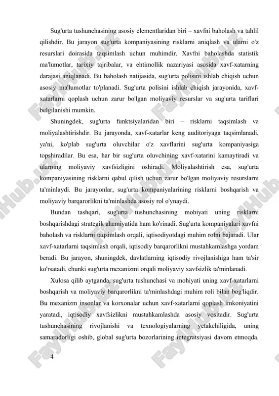 at uchun keng imkoniyatlar yaratadi. sug'urta funktsiyalarining amaliy misollar bilan tahlili sug'urtaning moliyaviy va iqtisodiy hayotdagi o'rnini chuqurroq tushunishga yordam beradi. bu funktsiyalar nafaqat sug'urta kompaniyalarining risklarni boshqarishlariga imkon beradi, balki jamiyat va iqtisodiyot uchun ham muhim ahamiyat kasb etadi. quyida sug'urta funktsiyalarining amaliy misollar bilan tahlil qilish jarayoniga to'xtalib, ularning real hayotdagi qo’llanilishiga misollar keltiramiz. birinchidan, xavfni baholash va tahlil qilish funksiyasi sug'urta faoliyatining asosi hisoblanadi. masalan, avtotransport sug'urtasida kompaniyalar avariya xavfini baholash uchun statistik ma'lumotlardan foydalanadilar. bu ma'lumotlar yordamida, ularning xavf darajasi, sug'urta to'lovlari va ehtimoliy zararlar aniqlanadi. yoki, tabiiy ofatlar, masalan, zilzila yoki bo'ron xavfi, hududning geologik va meteorologik ma'lumotlariga asoslanib, risk darajasi aniqlanadi. bu jarayon orqali sug'urta kompaniyalari risklarni to'g'ri baholash va ularga mos ravishda sug'urta polisini ishlab chiqish imkonini yaratadi. ikkinchidan, sug'urta polisini ishlab chiqish va risklarni taqsimlash funktsiyasi misol sifatida, sog'liqni saqlash sug'urtasini keltirish mumkin. masalan, katta shahar aholisi uchun sog'liqni saqlash sug'urtasi ishlab …