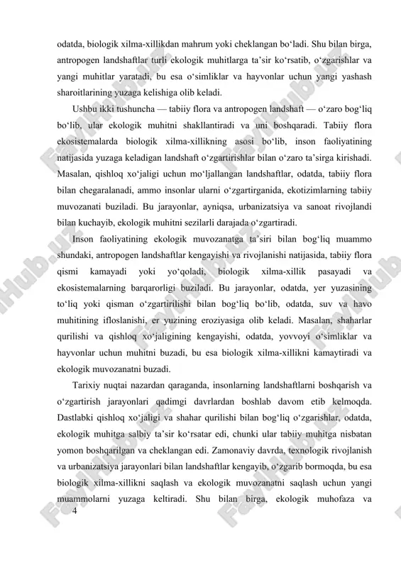 hlab davom etib kelmoqda. dastlabki qishloq xo‘jaligi va shahar qurilishi bilan bog‘liq o‘zgarishlar, odatda, ekologik muhitga salbiy ta’sir ko‘rsatar edi, chunki ular tabiiy muhitga nisbatan yomon boshqarilgan va cheklangan edi. zamonaviy davrda, texnologik rivojlanish va urbanizatsiya jarayonlari bilan landshaftlar kengayib, o‘zgarib bormoqda, bu esa biologik xilma-xillikni saqlash va ekologik muvozanatni saqlash uchun yangi muammolarni yuzaga keltiradi. shu bilan birga, ekologik muhofaza va landshaftlarni barqaror rivojlantirish uchun yangi texnologiyalar va boshqaruv usullari ishlab chiqilmoqda. shuning uchun, tabiiy flora va antropogen landshaftlar o‘rtasidagi muvozanatni saqlash — ekologik muhitni asrash va biologik xilma-xillikni himoya qilish uchun muhim vazifa hisoblanadi. bu tushunchalar, inson faoliyatining tabiatga ta’sirini tushunishda asosiy bo‘lib, ekologik muvozanatni saqlash va kelajak avlodlar uchun sog‘lom muhitni ta’minlashda muhim rol o‘ynaydi. ularning o‘zaro ta’sirini chuqur o‘rganish va boshqarish uchun, ekologik nazorat tizimlari, ilg‘or texnologiyalar va ekologik siyosatlarni ishlab chiqish zarur. bu esa, nafaqat tabiiy muhitni saqlash, balki iqtisodiy va ijtimoiy rivojlanishni muvofiqlashtirish uchun …