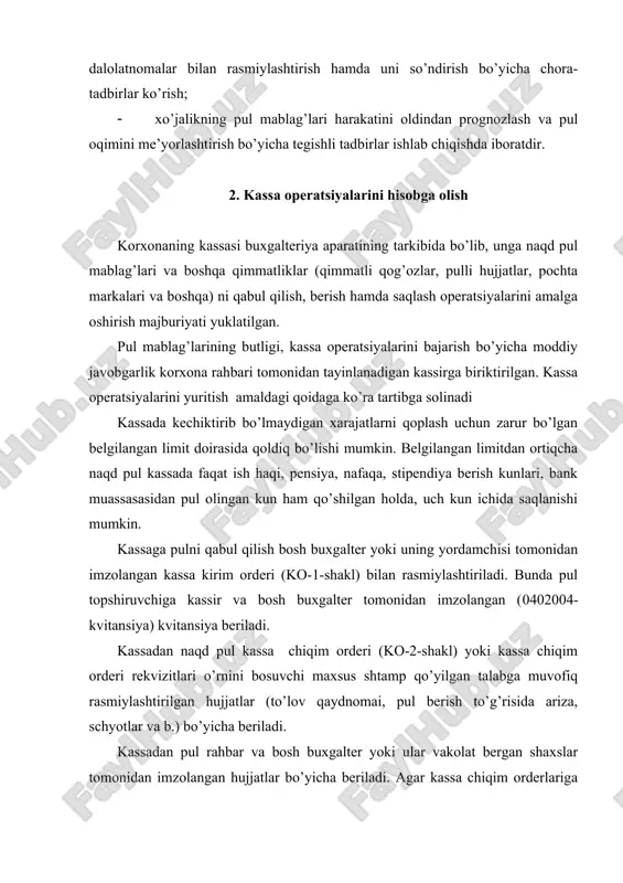 di. agar kassa chiqim orderlariga ilova qilinadigan pul berish to’g’risidagi hujjatlarda rahbarning imzosi bo’lsa, kassa chiqim orderlariga imzo qo’yish shart emas. kirim kassa orderlari, uning kvitansiyalari va kassa chiqim orderlari buxgalter tomonidan aniq qilib yoziladi. bu hujjatlarda xech qanday o’chirish yoki to’g’rilashga ham yo’l qo’yilmaydi. korxonada ishlamaydigan shaxslarga pul berishda ularning shaxslarini tasdiqlovchi pasport yoki boshqa hujjat talab qilinadi, kassa chiqim orderning pul olganligi to’g’risida imzo qo’yiladigan joyida taqdim etilgan hujjatning ma’lumotlari ko’rsatiladi. ish haqi va unga tenglashtirilgan mablag’lar uchun naqd pul bankdagi hisob-kitob schyotidan pul chek daftarchasiga asosan olinadi. pul chek daftarchasi hisob-kitob schyotidan unda ko’rsatilgan naqd pulni berish to’g’risida korxonaning bankka bergan buyrug’i bo’lib hisoblanadi. ish haqi, pensiya nafaqa, mukofotlar to’langanda har bir oluvchiga kassa chiqim orderi tuzilmasdan to’lov qaydnomai bo’yicha to’lanadi. ish haqi tarqatilgandan so’ng to’lov qaydnomai bo’yicha umumiy to’langan summaga buxgalter kassa chiqim orderi tuzadi. kassa orderlari bo’yicha pul qabul qilish va to’lash faqat hujjatlar tuzilgan …