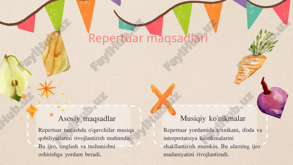 musiqa ta'limida repertuarlarning o'rni. o'zbekiston musiqa akademiyasi nashriyoti, 2018. 2. ismoilov, a. repertuar turlarining pedagogik asoslari. toshkent davlat pedagogika universiteti, 2020. 3. qodirova, d. maktab musiqa darslarida repertuar tanlash usullari. o'zbekiston yoshlar ijodiy markazi, 2019. 4. abdullayev, m. musiqa o'qitishda innovatsion yondashuvlar. toshkent: yangi zamon nashriyoti, 2021. 5. karimov, b. o'qituvchilar uchun repertuar tanlash va foydalanish bo'yicha qo'llanma. o'zbekiston pedagogik ilmiy-tadqiqot instituti, 2017. e'tiboringiz uchun rahmat! image2.png image3.png image4.png image5.png image1.jpg image6.png image7.png image8.png image9.png image28.png image14.png image15.png image16.png image17.png image18.png image19.png image20.png image27.png image21.png image31.jpeg image32.png image22.png image23.png image25.png image26.png image33.jpeg image10.png image11.png image12.png image13.png image29.png image30.png