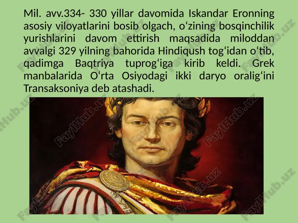 dirib, o‘z yaqinlaridan bir kishini tanais ortidagi saklar yurtiga ularning urf-odatlari, kuchi bilan tanishib kelish uchun yubordi. xuddi shu paytda iskandarga samarqanddan chopar kelib, so‘g‘dda unga qarshi spitamen boshchiligida qo‘zg‘olon ko‘tarilganini xabar qiladi. spitamen samarqand qamal qilingan. farnux boshchiligidagi gornizon esa, samarqandga yaqin miyonqol xududida mag‘lubiyatga uchragan edi. dastlab iskandar qo‘zg‘olonchilarga qarshi 2500 jangchidan iborat bo‘lgan qo‘shin yuboradi. ularning kelayotganidan xabar topgan spitamen yolg‘ondan chekinib,qulay fursat topib ularni qirib tashlaydi. / maraqandani ikkinchi marta qamal qiladi. bundan xabar topgan iskandar tezda samarqandga qaytadi. bundan xabar topgan spitamen yana cho‘lga qochadi. lekin makedonskiy ularni ta’qib qilmasdan, qishloq va shaxar aholisini qilichdan o‘tkazadi. qo‘lga olingan 30 so‘g‘d zadagonlari o‘limga qo‘shiq aytib borgan. bu aleksandrni hayron qoldirgan. tarixiy manbalarga ko‘ra, diodor ma’lumoticha, 120 mingdan ortiq qo‘zg‘olonchi va mahalliy katta qismini qirib tashladi. shu paytda xo‘jand qal’asida qoldirilgan, garovda yotgan saklar bosh ko‘taradilar va yunon qo‘shinlari qirib tashlanadi. samarqand qo‘zg‘olonchilariga baqtriyadan yordam keladi. voqealar …