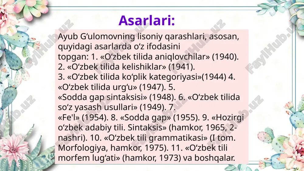 3. adabiy til va dialektlarning o‘zaro munosabati masalalari; 4. milliy til va uning ijtimoiy, etnik muammolari; 5. adabiy til normasi va leksik-frazeologik normadan chetga chiqishlarning tiplari, sabablari va omillari kabilardir. a. mamatov o‘zbek tilshunosligida, asosan, frazeologiya muammolariga alohida e’tibor berdi. u ilmiy izlanishlarida frazeologik norma, frazeologik norma va frazeologik variant munosabati kabi jiddiy masalalarni chuqur o‘rgandi, puxta tadqiq qildi. j. omonturdiyev j. omonturdiyev o'zbek tilshunosligida o'zinining bir qator qarashlari bilan ajralib turadi. u "o'zbek nutqi va madaniyati" nomli kitobida uslubiyat va nutq haqida bir qator qimmatli ma'lumotlar berib o'tgan. j. omonturdiyev bu asarida nutq uslubiyati haqida ma'lumot berar ekan. faqat shu bilan cheklanmaydi. u nutqiy faoliyatda nutqiy malaka muhimligini ham aytib o'tadi. shuningdek, har bir grammatik birlikning uslubiy xususiyatlari haqida birma-bir to'xtalib o'tadi. e'tiboringiz uchun rahmat! image1.png image2.png image5.png image6.png image7.jpeg image8.jpeg image9.jpeg image10.jpeg image11.jpeg
