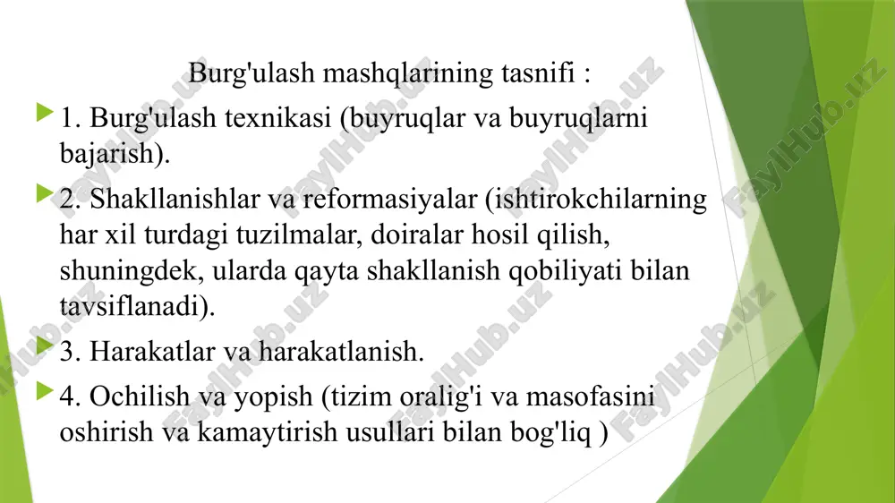 fsizlikni ta'minlash muhim. mashqlarning ahamiyati kundalik hayotda kundalik hayotda mashqlarning roli mashqlar sog'liqni mustahkamlash va jismoniy faoliyatni oshirishda muhimdir. ular tana muvozanatini saqlashga yordam berib, kundalik vazifalarni oson bajarishga kuch va chidamlilikni rivojlantiradi. har kuni qisqa vaqt ajratish orqali inson o'zining umumiy farovonligini yaxshilash, yurak-qon tomir tizimini faoliyatini qo'llab-quvvatlash va ortiqcha vazndan qutulish imkoniga ega bo'ladi. stressni kamaytirish va kayfiyatni yaxshilash jismoniy mashqlar endorfinlar ishlab chiqarishni oshiradi, bu esa stressni kamaytiradi va kayfiyatni yaxshilashga yordam beradi. bu holat ruhiy salomatlik uchun muhim bo'lib, kundalik muammolarga qarshi kurashishda qo'llaniladi. regulyar mashqlar insonni tinchlantiradi, ularning kayfiyatini yaxshilash, uyqu sifatini oshirish va umumiy ruhiy barqarorlikni ta'minlashga yordam beradi. mashqlarning ahamiyati sportda gimnastika saf mashqlari sportda muhim rol o'ynaydi, chunki ular jismoniy tayyorgarlikni oshiradi va xavfsizlikni ta'minlaydi. ular turli turlarga bo'linadi, masalan, tayyorgarlik mashqlari, texnik mashqlar va muvozanatni rivojlantiruvchi amaliyotlar. har bir tur xavfsizlikni ta'minlash va jarohatlanish xavfini kamaytirishga qaratilgan. to'g'ri rejalashtirilgan mashqlar sportchilarga …