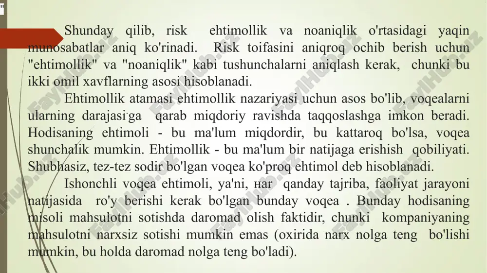 liyat xatarlari (sof foydaning o'zgarishi xavfi, bozor kapitallashuvining o'zgarishi xavfi, moliyalashtirish faoliyati xavfi, kontragent o'z majburiyatlarini bajarmay qolish xavfi va boshqalar); moliyaviy bo'lmagan tavakkalchiliklar (obro'sining yomonlashishi xavfi, davlat majburiyatlarini bajarmaslik xavfi va boshqalar). zararlarni yuzaga kelish vaqti bo'yicha tasniflash: • qaror qabul qilish paytida yuzaga keladigan yo'qotishlarda namoyon bo'ladigan xavflar. aslida, bu kelajakdagi foyda uchun to'lov, ma'lum to'lov evaziga k elajakda olinadigan imtiyozlar huquqini olish, kelajakda noaniq imtiyozlar uchun “bugun” belgilangan yo'qotishlarni olishga tayyorlik. bunday xatarlarni qabul qilish, tashkilot «bugungi kunda» xavf uchun to'lov olganligini anglatadi aslida, bu kelajakda xavf ob'ekti holatining yomonlashishiga olib kelishi mumkin bo'lgan majburiyatlarga ma'lum bir haq evaziga berilgan majburiyatdir. misollar: evropa variantini sotish va uni amalga oshirilgunga qadar ushlab turish to'g'risidagi qaror; qarz berish to'g'risida qaror. . bundan tashqari, xavf bir necha guruhlarga bo'linadi, ularning yuzaga kelishi chastotasi bo'yicha, shuningdek, oqibatlari nuqtai nazaridan maqbul, tanqidiy va halokatli bo'lishi mumkin. oddiy biznes holatlari kelajakdagi xavf va …