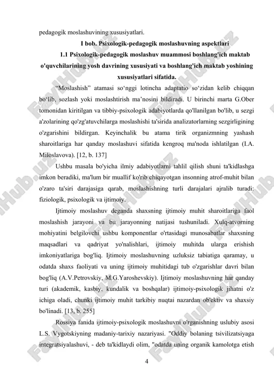 g qo'zg'atuvchilarga moslashishi ta'sirida analizatorlarning sezgirligining o'zgarishini bildirgan. keyinchalik bu atama tirik organizmning yashash sharoitlariga har qanday moslashuvi sifatida kengroq ma'noda ishlatilgan (i.a. miloslavova). [12, b. 137] ushbu masala bo'yicha ilmiy adabiyotlarni tahlil qilish shuni ta'kidlashga imkon beradiki, ma'lum bir muallif ko'rib chiqayotgan insonning atrof-muhit bilan o'zaro ta'siri darajasiga qarab, moslashishning turli darajalari ajralib turadi: fiziologik, psixologik va ijtimoiy. ijtimoiy moslashuv deganda shaxsning ijtimoiy muhit sharoitlariga faol moslashish jarayoni va bu jarayonning natijasi tushuniladi. xulq-atvorning mohiyatini belgilovchi ushbu komponentlar o'rtasidagi munosabatlar shaxsning maqsadlari va qadriyat yo'nalishlari, ijtimoiy muhitda ularga erishish imkoniyatlariga bog'liq. ijtimoiy moslashuvning uzluksiz tabiatiga qaramay, u odatda shaxs faoliyati va uning ijtimoiy muhitidagi tub o'zgarishlar davri bilan bog'liq (a.v.petrovskiy, m.g.yaroshevskiy). ijtimoiy moslashuvning har qanday turi (akademik, kasbiy, kundalik va boshqalar) ijtimoiy-psixologik jihatni o'z ichiga oladi, chunki ijtimoiy muhit tarkibiy nuqtai nazardan ob'ektiv va shaxsiy bo'linadi. [13, b. 255] rossiya fanida ijtimoiy-psixologik moslashuvni o'rganishning uslubiy asosi l.s. vygotskiyning madaniy-tarixiy …