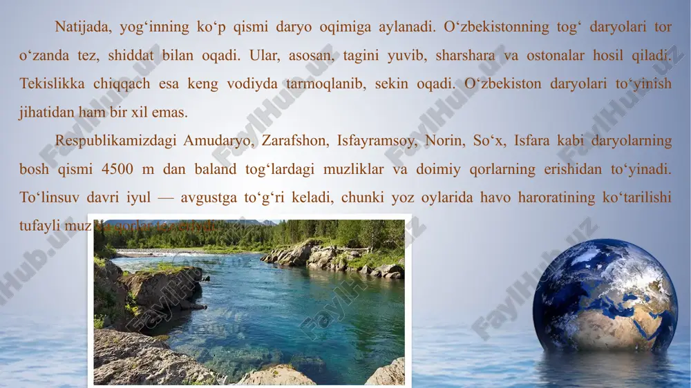 or suvlaridan to‘yinishi sababli eng ko‘p suv sarfi may oyiga, eng kam suv sarfi esa oktabr — dekabr oylariga to‘g‘ri keladi. qashqadaryoning o‘rtacha ko‘p yillik suv sarfi varganza qishlog‘i yonida sekundiga 5,46 m3 ni tashkil etadi. qashqadaryo havzasida (barcha irmoqlarini hisobga olganda) yiliga o‘rtacha sekundiga 51,5 m3 oqim vujudga kelib, shuning 58,3 foizi mart — iyun oylariga to‘g‘ri keladi. find more powerpoint templates on prezentr.com! surxondaryo — hisor tog‘ tizmasi g‘arbiy qismining janubiy yonbag‘ridan boshlanuvchi to‘polondaryo bilan qoratog‘daryoning qo‘shilishidan vujudga keladi. so‘ng 196 km masofada oqib amudaryoga kelib quyiladi. surxondaryo, asosan, qor va muz suvlaridan to‘yinadi. shu sababli to‘lin suv davri mart — iyun oylariga to‘g‘ri keladi. bu davrda yillik daryo suvining 65,2 foizi oqib o‘tadi. eng kam suv sarfi sentabr — oktabr oylariga to‘g‘ri keladi. surxondaryoning o‘rtacha ko‘p yillik suv sarfi (qorovultepa qishlog‘i yonida) sekundiga 70,2 m3 ni tashkil etadi. surxondaryo loyqa daryolardan bo‘lib, morguzar qishlog‘i yonida har m3 …