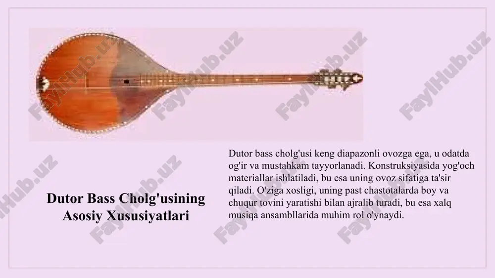 amida kompozitsiyalarga chuqur emotsiyalar va madaniy boyliklar qo‘shiladi. o‘zingizning ijro uslubingizni rivojlantirishda dutor bassining ta’siri katta. shuningdek, dutor bass cholg‘usi xalq madaniyatini saqlashda, yangi ijodiy imkoniyatlar ochishda yordam beradi. u orqali musiqachilar o‘z hissiyotlarini ifoda etib, ijodiy fikrlash va texnikani birlashtiradi. dutor bass cholg'usi va ijtimoiy hayot dutor bass cholg'usi o'zbek xalqining ijtimoiy hayotida muhim o'rin tutadi. u bayramlar, to'ylar va madaniy tadbirlarda ishlatiladi, xalqning birligini va madaniyatini namoyon etadi. bu cholg'u asbob yordamida odamlar o'z an'analarini saqlaydi va jamoaviy ruhni kuchaytiradi, avlodlar orasida madaniy bog'liqlikni mustahkamlaydi. dutor bass cholg'usi: zamonaviy yondashuvlar zamonaviy ijrochilar va texnologiyalar hozirgi zamonda dutor bass cholg'usi yangi ijro usullari va texnologiyalar bilan yangilanmoqda. elektron mikrofoni va kompyuter yordamida ovoz bilan ishlash imkoniyatlari kengaymoqda. yangi janrlar, masalan, elektron musiqa va hip-hopda dutor bassining roli oshmoqda, bu esa cholg'u texnikasini va ijro usullarini rivojlantirmoqda. yosh musiqachilar va yangi avlod yosh musiqachilar dutor bass cholg'usini zamonaviy uslubda ijro …
