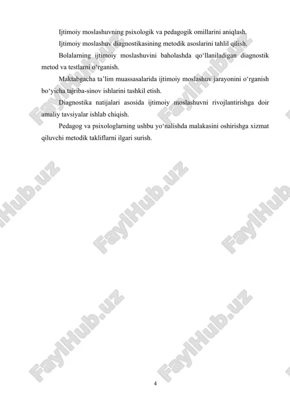 h. ijtimoiy moslashuv diagnostikasining metodik asoslarini tahlil qilish. bolalarning ijtimoiy moslashuvini baholashda qo‘llaniladigan diagnostik metod va testlarni o‘rganish. maktabgacha ta’lim muassasalarida ijtimoiy moslashuv jarayonini o‘rganish bo‘yicha tajriba-sinov ishlarini tashkil etish. diagnostika natijalari asosida ijtimoiy moslashuvni rivojlantirishga doir amaliy tavsiyalar ishlab chiqish. pedagog va psixologlarning ushbu yo‘nalishda malakasini oshirishga xizmat qiluvchi metodik takliflarni ilgari surish. 1-bob. bolaning maktabga psixologik tayyorgarligi 1.1 maktabgacha yoshdagi bolaning "men" obrazi shaxsiy rivojlanish bilan bog'liq g'oyalar rossiya ta'lim tizimi uchun juda dolzarbdir. o'qish va chet tilini o'zlashtirishning o'zi rivojlanish maqsadi bo'la olmaydi. maqsad - bolaning shaxsiyati.[footnoteref:3] [3: 5-7 yoshli bolalarda “men kelajak maktab o‘quvchisiman” obrazini pedagogik muammo sifatida shakllantirish.// “boshlang‘ich maktab”. № 10-2004. pp. 30-31] ko'pgina psixologik ishlar shaxsning o'zagini shaxsning rivojlanish yo'nalishini belgilab beruvchi standart obraz bilan qarama-qarshi birlikda bog'langan "men" obrazi ekanligini ko'rsatdi (v.v.stolin, k.rojers, z.i.ryabikina va boshqalar). ko'pgina psixologlarning fikriga ko'ra [footnoteref:4], maktabgacha yoshdagi bolaning o'zini o'zi anglashining asosi to'rtta "men"ning kombinatsiyasi: jismoniy, …