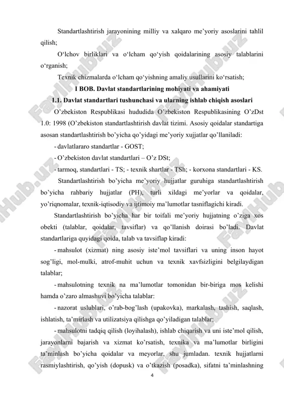 saqlash, ishlatish, ta’mirlash va utilizatsiya qilishga qo’yiladigan talablar; · mahsulotni tadqiq qilish (loyihalash), ishlab chiqarish va uni iste’mol qilish, jarayonlarni bajarish va xizmat ko’rsatish, texnika va ma’lumotlar birligini ta’minlash bo’yicha qoidalar va meyorlar, shu jumladan. texnik hujjatlarni rasmiylashtirish, qo’yish (dopusk) va o’tkazish (posadka), sifatni ta’minlashning umumiy qoidalari, resurslarni saqlash va ulardan okilona foydalanish, atama va tushunchalar, shartli belgilar, metrologik va boshqa tashkiliy-uslubiy hamda umumtexnik qoida va me’yorlar. davlat standartlari, milliy standart sifatida qabul qilingan xalqaro, mintaqaviy va davlatlararo standartlar o’zbekiston respublikasining barcha hududida va korxonalarida qo’llaniladi. tarmoq standartlari (ts) shu tarmoqda ishlab chiqariladigan va qo’llaniladigan mahsulot (xizmat)ga agar shu mahsulotga davlatlararo va davlat standartlari bo’lmasa ishlab chiqiladi. ts lar shu mahsulotni ishlab chiqaradigan tarmoq korxonalari va uni iste’mol qiladigan boshqa soha iste’molchilari uchun qonun kuchiga ega bo’ladi. texnik shartlar (tsh) aniq, mahsulot uchun ishlab chiqiladi: texnik shartlarda belgilanadigan talablar bir turli mahsulotlar guruhiga mo’ljallangan standartlarda belgilanadigan talablarga muvofiq yoki ulardan …