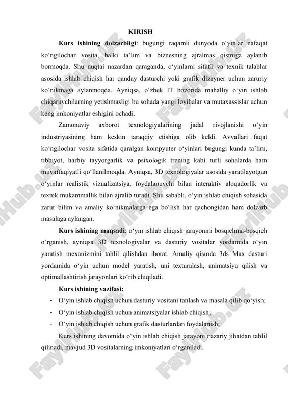 muhit va foydalanuvchi tajribasini shakllantirish. 3. dasturlash – harakat algoritmlari, sun’iy intellekt, foydalanuvchi boshqaruvi, interfeyslar va boshqa texnik qismlarni kodlash. 4. grafik va audio kontent yaratish – 2d/3d modellar, animatsiyalar, fon musiqasi va effektlar tayyorlash. 5. testlash va xatolarni tuzatish – o‘yin ishlashini sinash, xatoliklarni aniqlash va to‘g‘rilash. 6. nashr qilish va tarqatish – o‘yinni eksport qilish, platformalarga (kompyuter, mobil, konsol) moslashtirish va foydalanuvchilarga yetkazish. har bir bosqichda maxsus dasturiy vositalar, algoritmlar va texnik bilimlar zarur bo‘ladi. aynan shuning uchun o‘yin ishlab chiqishni o‘rganish bu nafaqat kod yozish, balki tizimli fikrlash, dizayn prinsiplarini tushunish va kreativ yondashuvni talab etadigan ko‘p qirrali faoliyatdir. o‘yin ishlab chiqishning dolzarbligi. bugungi global raqamli iqtisodiyotda o‘yin ishlab chiqish sohasi katta ahamiyatga ega. quyidagi omillar uning dolzarbligini yanada oshirmoqda: iqtisodiy jihatdan yirik sanoatga aylanishi - global o‘yin industriyasi 2024 yilda 250 milliard dollardan ortiq daromad keltirgan. bu raqamlar nafaqat o‘yinlar sonining ko‘pligidan, balki ular atrofida yaratilgan …