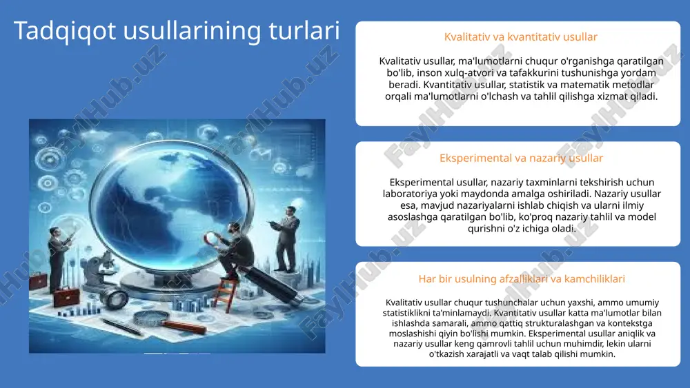 lumotlarni to‘plash, tahlil qilish va xulosa chiqarishda yordam beradi. ko‘nikmalar esa bu jarayonlarni samarali amalga oshirish uchun zarurdir. ularning turlari va amaliy qo‘llanilishi eksperimental, nazariy, so‘rovnomalar va kuzatuvlar kabi turli tadqiqot usullari mavjud. ular ijtimoiy, ilmiy va texnik sohalarda keng qo‘llaniladi. rivojlanishi va baholash usullari tadqiqot ko‘nikmalarining rivojlanishi uchun treninglar va amaliy mashg‘ulotlar muhim. baholash esa, ular qanday rivojlanayotganini aniqlashda yordam beradi. 1. ilmi va ta'lim fanlari instituti. tadqiqot metodlari va amaliyoti. toshkent: fan va texnologiya nashriyoti, 2020. 2. o‘zbekiston respublikasi ta'lim vazirligi. pedagogik tadqiqotlar asoslari. toshkent: o‘quv qo‘llanma nashriyoti, 2019. 3. fayzullayev, m. tahlil va metodologiya. toshkent: ma’rifat nashriyoti, 2018. 4. xolmatov, a. fan funksiyalari va ularning rivojlanishi. toshkent: fan va texnologiya nashriyoti, 2021. 5. rahimov, s. o‘qitishda tadqiqot usullarining roli. oliy ta'lim va ilmiy tadqiqotlar jurnal, 2022, 15(3), 45-52. foydalanilgan adabiyotlar image1.png image2.png image3.png image4.png image12.png image13.png image14.png image15.png image16.png image17.png image21.jpeg image22.jpg image23.jpg image5.png image24.jpg image11.jpg
