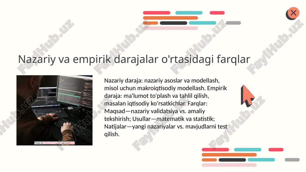lmiy jurnali, 2021. 4. karimov, r. nazariy va empirik yondashuvlar: amaliy qo‘llanilishi. o'zbekiston fanlar akademiyasi nashriyoti, 2019. 5. toshkent universiteti ilmiy jurnali. (2022). tadqiqot metodlari va ko‘nikmalari fanining nazariy va empirik darajalari. image1.png image2.png image6.jpg image7.jpg image3.png image8.jpg