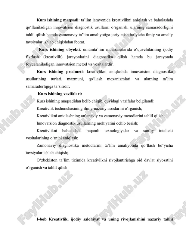 lari: kurs ishining maqsadidan kelib chiqib, quyidagi vazifalar belgilandi: kreativlik tushunchasining ilmiy-nazariy asoslarini o‘rganish; kreativlikni aniqlashning an’anaviy va zamonaviy metodlarini tahlil qilish; innovatsion diagnostik usullarning mohiyatini ochib berish; kreativlikni baholashda raqamli texnologiyalar va sun’iy intellekt vositalarining o‘rnini aniqlash; zamonaviy diagnostika metodlarini ta’lim amaliyotida qo‘llash bo‘yicha tavsiyalar ishlab chiqish; o‘zbekiston ta’lim tizimida kreativlikni rivojlantirishga oid davlat siyosatini o‘rganish va tahlil qilish i-bob kreativlik, ijodiy salohiyat va uning rivojlanishini nazariy tahlil qilish 1.1 kreativlik tushunchasi va uning mazmun mohiyati kreativlik - bu sifat jihatidan yangi moddiy va ma'naviy qadriyatlarni yaratadigan yoki sub'ektiv ravishda yangi narsalarni yaratishga olib keladigan inson faoliyati jarayoni. kreativlikni ishlab chiqarishdan (ishlab chiqarishdan) ajratib turuvchi asosiy mezon uning natijasining o'ziga xosligidir. kreativlik natijasini uning dastlabki shartlaridan bevosita olib bo'lmaydi. muallifdan boshqa hech kim bir xil dastlabki vaziyatni hisobga olgan holda aynan bir xil natijaga erisha olmaydi. shunday qilib, ijodiy jarayonda muallif materialni mehnat operatsiyalari yoki mantiqiy xulosalar bilan cheklanmaydigan …