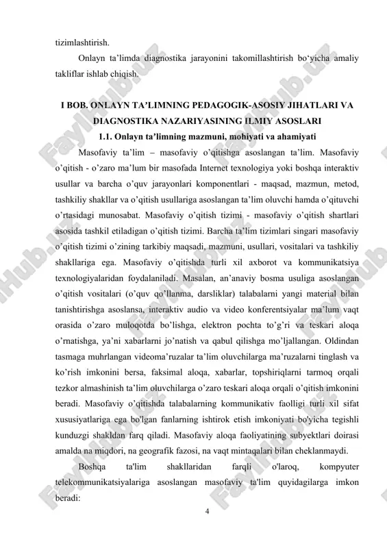 bilan tanishtirishga asoslansa, interaktiv audio va video konferentsiyalar ma’lum vaqt orasida o’zaro muloqotda bo’lishga, elektron pochta to’g’ri va teskari aloqa o’rnatishga, ya’ni xabarlarni jo’natish va qabul qilishga mo’ljallangan. oldindan tasmaga muhrlangan videoma’ruzalar ta’lim oluvchilarga ma’ruzalarni tinglash va ko’rish imkonini bersa, faksimal aloqa, xabarlar, topshiriqlarni tarmoq orqali tezkor almashinish ta’lim oluvchilarga o’zaro teskari aloqa orqali o’qitish imkonini beradi. masofaviy o’qitishda talabalarning kommunikativ faolligi turli xil sifat xususiyatlariga ega bo'lgan fanlarning ishtirok etish imkoniyati bo'yicha tegishli kunduzgi shakldan farq qiladi. masofaviy aloqa faoliyatining subyektlari doirasi amalda na miqdori, na geografik fazosi, na vaqt mintaqalari bilan cheklanmaydi. boshqa ta'lim shakllaridan farqli o'laroq, kompyuter telekommunikatsiyalariga asoslangan masofaviy ta'lim quyidagilarga imkon beradi: – har qanday ma'lumotni masofadan tezkor uzatish; – bu ma’lumotlarni xotirada kerakli vaqtga saqlash, tahrirlash va h.k.; –ushbu maqsadlar uchun maxsus yaratilgan multimedia ma'lumotlari yordamida interaktivlik va o'qituvchi va o'quv kursining boshqa ishtirokchilari bilan tezkor fikr-mulohazalar; – internet tizimi orqali turli axborot manbalariga, …