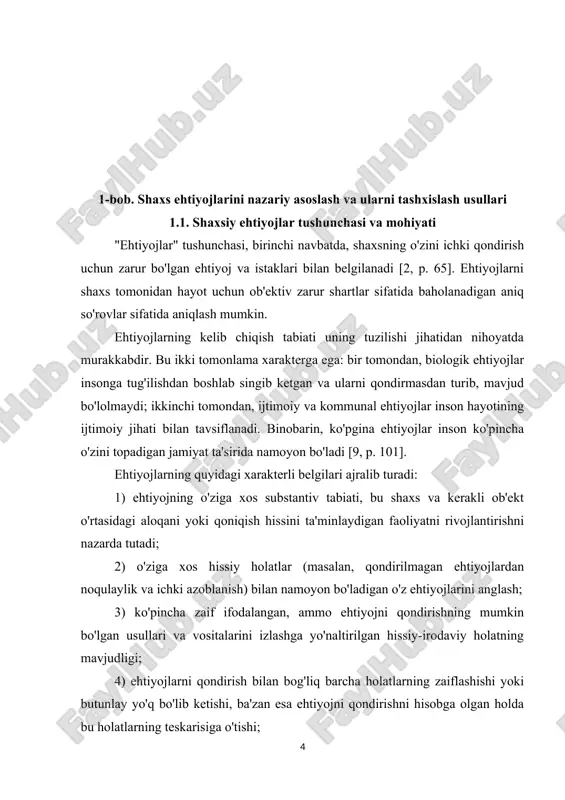 yojni qondirish darajasi va miqdoriga qarab, odam turli xil hissiy holatlarni boshdan kechiradi [9, p. 107]. shaxsiy ehtiyojlarning birinchi tasniflaridan biri 1940-yillarda ierarxik nazariyaga asoslangan a.maslou tomonidan taklif qilingan. maslou inson xulq-atvorini belgilovchi yetti asosiy ehtiyoj turini aniqladi [19, p. 112]. maslou o'z tasnifini quyidagi ko'rsatkichlarga ega bo'lgan taniqli ehtiyojlar piramidasi shaklida tasvirlagan: 1) fiziologik ehtiyojlar (ovqat, uyqu, suv, dam olish, jinsiy aloqa); 2) xavfsizlik (hayot va sog'likni muhofaza qilish) zarurati; 3) tegishli bo'lish va muhabbatga bo'lgan ehtiyoj (qabul qilish va sevish); 4) hurmat qilish zarurati (ma'qullash, tan olish, hurmat qilish); 5) kognitiv ehtiyojlar (tadqiqot faoliyati); 6) estetik ehtiyojlar (go'zallik hissi); 7) o'z-o'zini namoyon qilish zarurati (o'zini takomillashtirish, ijodiy rivojlanish). a.maslou o'z konsepsiyasida quyi darajadagi ehtiyojlar to'liq yoki qisman qondirilganda motivatsiya ta'sirida yuqori darajadagi ehtiyojlar paydo bo'lishini belgilaydi [19, b. 119]. 1950-yillarda f. gertsberg o'zining ehtiyojlar modelini taklif qildi, faqat ikkita guruh omillarini aniqladi: tashqi muhit bilan bog'liq gigiena omillari …