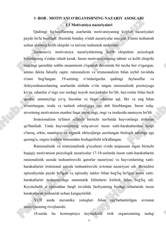 omonidan boshqarilishi ta'kidlangan. ratsionalistik va irratsionalistik g'oyalarni o'zida mujassam etgan birinchi haqiqiy motivatsion psixologik nazariyalar 17-18-asrlarda inson xatti-harakatlarini ratsionalistik asosda tushuntiruvchi qarorlar nazariyasi va hayvonlarning xatti-harakatlarini irratsional asosda tushuntiruvchi avtomat nazariyasi edi. birinchisi iqtisodiyotda paydo bo'lgan va iqtisodiy tanlov bilan bog'liq bo'lgan inson xatti-harakatlarini tushuntirishga matematik bilimlarni kiritish bilan bog'liq edi. keyinchalik u iqtisoddan farqli ravishda faoliyatning boshqa sohalarida inson harakatlarini tushunish uchun kengaytirildi. xvii asrda mexanika yutuqlari bilan rag'batlantirilgan avtomat nazariyasining rivojlanishi. 18-asrda bu kontseptsiya keyinchalik tirik organizmning tashqi ogohlantirishlarga mexanik, avtomatik, tug'ma reaktsiyasi sifatida refleks g'oyasi bilan birlashtirildi. ilohiyot va falsafaning ikkita qarama-qarshi lagerga bo'linishi - materializm va idealizm tomonidan qo'llab-quvvatlanadigan ikkita motivatsion nazariyaning - biri odamlar uchun, ikkinchisi hayvonlar uchun - alohida, mustaqil mavjudligi 19-asrning oxirigacha davom etdi. 19-asrning 2-yarmi turli fanlarda, jumladan, biologiyada bir qator ajoyib kashfiyotlar - c. evolyutsiya nazariyasining paydo boʻlishi bilan ajralib turdi. darvin nafaqat tabiatshunoslikka, balki tibbiyot, psixologiya va boshqa gumanitar fanlarga …