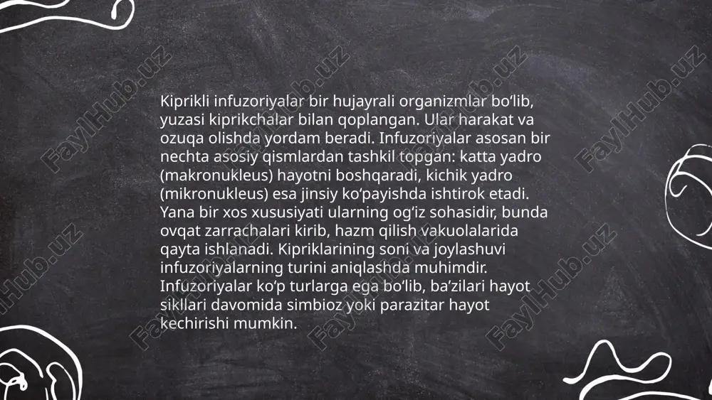 suvning holatini baholashda ham qo‘llaniladi. kiprikli infuzoriyalar - ciliata sinfi komila e'tiboringiz uchun raxmat! image1.png image2.png image3.png image4.jpg image5.png image6.jpg image7.png /docprops/thumbnail.jpeg