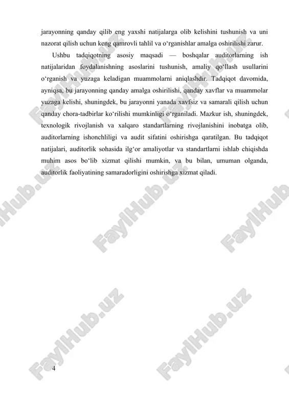 a. bu texnologiyalar, auditorlarga, boshqa auditorlarning ish natijalarini tez va aniq tahlil qilish imkonini beradi, shuningdek, ulardan foydalanish uchun zarur bo‘lgan ma’lumotlar bazasini yaratadi. misol uchun, avtomatlashtirilgan audit vositalari, audit dalillarini avtomatik tarzda tekshirish va baholash imkonini beradi, bu esa, ayniqsa, katta hajmdagi ma’lumotlar bilan ishlashda juda muhimdir. boshqa auditorlarning ish natijalarini tushunish jarayonida, professional skeptitsizm va sifat nazorati muhim ahamiyatga ega. auditorlar, ulardan foydalanishda, ulkan ehtiyotkorlik bilan yondashadilar va ularga nisbatan doimiy nazorat o‘tkazadilar. bu, ayniqsa, ularga taqdim etilgan ish natijalari yoki hisobotlar qoniqarli darajada ishonchli emasligi yoki ularning muayyan shartlarga mos kelmasligi ehtimoli bo‘lsa, muhimdir. bu jarayon, auditorlarning o‘zaro muloqoti va kommunikatsiyasining sifatiga bog‘liq bo‘lib, ularning ishlash jarayonida, bog‘liq hujjatlarni va yozilgan ma’lumotlarni to‘g‘ri tushunish hamda baholashni ta’minlaydi. shuningdek, boshqa auditorlarning ish natijalaridan foydalanish bilan bog‘liq muammolar va xavflar ham mavjud. bu muammolar, asosan, ish sifatining pastligi, mustaqillik muammolari, va audit jarayonida kelib chiqadigan murakkabliklar bilan bog‘liq bo‘lishi …