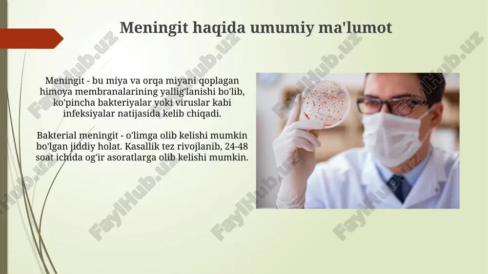 erologik testlar antitelalarni aniqlash uchun ishlatiladi, masalan, elisa usuli bilan miya suyuqligida bakterial antijenlarga qarshi igg yoki igm kabi immunglobulinlarni baholash orqali tashxis qo'yish mumkin. lateks aglutinatsiya testi kabi serologik usullar tezkor natijalar beradi, bu esa shifokorlarga meningitisga gumon qilingan bemorlarni zudlik bilan davolashni boshlashga imkon beradi. bu jarayon bir necha daqiqa ichida natija beradi. xulosa meningitni laboratoriya tashxisi o'z vaqtida qo'yilishi kerak, chunki kechikish asoratlarni 20-50% gacha oshirishi va o'lim darajasini sezilarli darajada oshirishi mumkin. laboratoriya tekshiruvlari natijalari (masalan, gramm bo'yash, lateks aglutinatsiya, pcr) klinik ma'lumotlar bilan birgalikda 70-90% aniqlik bilan patogenni aniqlashga yordam beradi. e'tiboringiz uchun rahmat image2.jpg image3.jpg image4.jpg image5.jpg image6.jpg image7.jpg image8.jpg image9.jpg image10.jpg image11.jpg image12.jpg image13.jpg image14.jpg image15.jpg image16.jpg image17.jpg image18.jpg