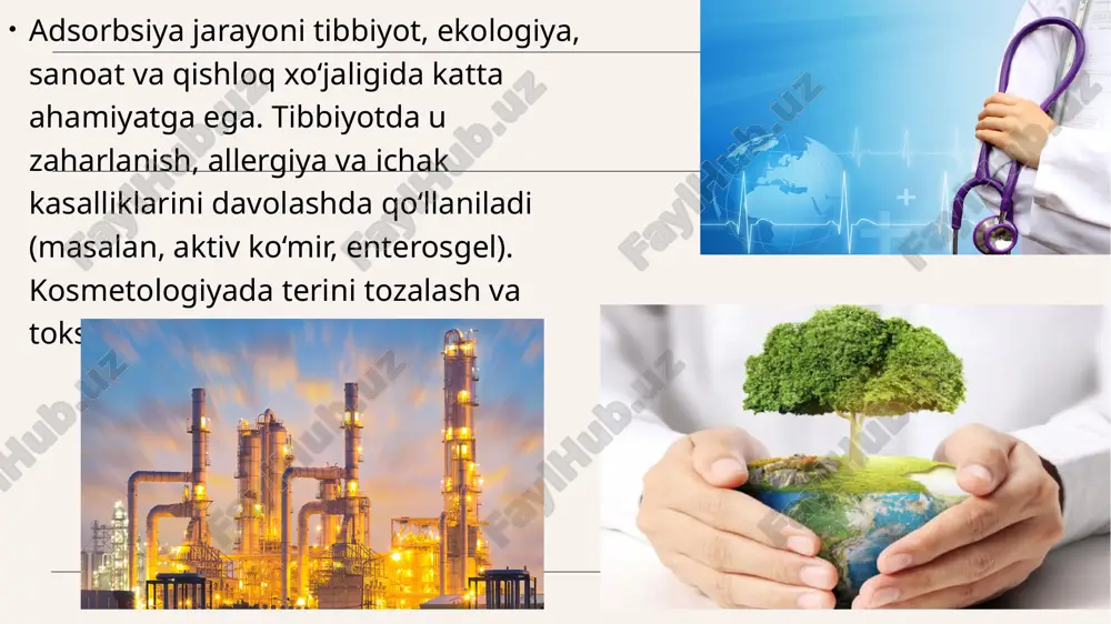 ksinlardan tozalash samarali natija beradi. 📚 foydalanilgan adabiyotlar ro‘yxati karimov a., to‘laganov b. — umumiy va noorganik kimyo asoslari. toshkent: o‘zbekiston milliy universiteti nashriyoti, 2018. qodirova m., raxmonov i. — biofizika va biokimyo asoslari. toshkent: tibbiyot nashriyoti, 2020. ismoilov sh. — tibbiyotda fizik-kimyoviy jarayonlar. samarqand: samdtu nashriyoti, 2019. abdullayev o., jo‘rayeva n. — farmatsevtik kimyo. toshkent: innovatsion tibbiyot nashriyoti, 2021 image1.jpeg image2.png image3.jpeg image4.jpeg image5.png image6.jpeg image7.jpeg image8.jpeg image9.jpeg image10.jpeg image11.png image12.png image13.jpeg
