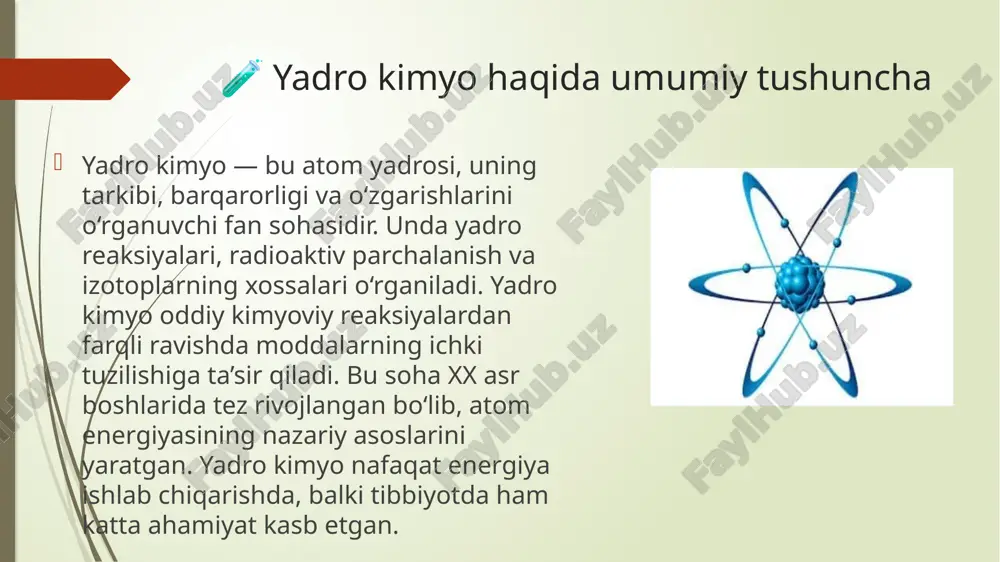 iy tadqiqotlarda beqiyos ahamiyatga ega. u inson hayotini saqlab qolish, saraton kasalligini davolash va diagnostika sifatini oshirishda katta rol o‘ynaydi. radioaktiv izotoplar yordamida sog‘liqni muhofaza qilish yanada mukammallashmoqda. shu bois, yadro kimyo zamonaviy tibbiyot taraqqiyotining ajralmas qismi hisoblanadi. xulosa yadro kimyo tibbiyotda kasalliklarni aniqlash, davolash va ilmiy tadqiqotlarda muhim ahamiyatga ega. radioaktiv izotoplar yordamida ichki a’zolarning faoliyati kuzatiladi, saraton va qalqonsimon bez kasalliklari samarali davolanadi. shu bilan birga, dori vositalarining organizmda harakatini o‘rganish imkoniyati paydo bo‘ladi. yadro kimyo zamonaviy tibbiyotning ajralmas qismi bo‘lib, sog‘liqni muhofaza qilish va diagnostika sifatini oshirishga xizmat qiladi. foydalanilgan adabiyotlar xollovey, d. yadro kimyo asoslari – toshkent, 2015. peterson, r. nuclear chemistry in medicine – new york, 2018. sharipov, b. tibbiyotda radioaktiv izotoplar – toshkent, 2017. holland, j. radiopharmaceuticals and their applications – london, 2019. qayumov, f. yadro kimyo va diagnostika metodlari – toshkent, 2020. knoll, g. f. radiation detection and measurement – 4th edition, 2010 …