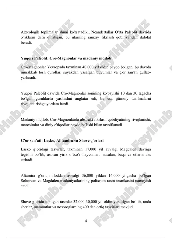 shini aks ettiradi. iqlim o'zgarishining insoniyatga ta'siri paleolit davrida iqlim o'zgarishi, 10,000 yildan ortiq vaqt mobaynida, global haroratning o'zgarishi bilan insoniyat migratsiyasiga va moslashuviga sezilarli ta'sir ko'rsatdi. muzlik davrlarining o'zgarishi, taxminan 2.6 million yil avval boshlangan, ov qilish va yig'ish madaniyatlarining rivojlanishiga, texnologiyalarning takomillashuviga sabab bo'ldi. dengiz sathining o'zgarishi, 120 metrga qadar pasayishi bilan, qirg'oq bo'yi hududlarida yashovchi insonlar uchun yangi yerlar ochdi va resurslar uchun raqobatni kuchaytirdi. paleolit davrining arxeologik yodgorliklarini saqlash paleolit davri yodgorliklarini saqlashda eng muhim vazifa ularning joylashgan hududlarida doimiy monitoring olib borish va 50 yil davomida ularning holatini baholashdir. qazishmalar jarayonida topilgan artefaktlarni radiokarbonli tahlil qilish orqali ularning yoshini aniqlash va kelajak avlodlar uchun 3d modellarini yaratish 100% zarurdir. yodgorliklarni himoya qilish uchun milliy qonunchilik bazasini takomillashtirish va mahalliy aholi o'rtasida arxeologik merosning ahamiyatini oshirish uchun 24/7 targ'ibot ishlari olib borilishi kerak. paleolit davri haqidagi bilimlarning ahamiyati paleolit davri topilmalari insoniyatning ilk texnologiyalari, masalan, 2.6 …