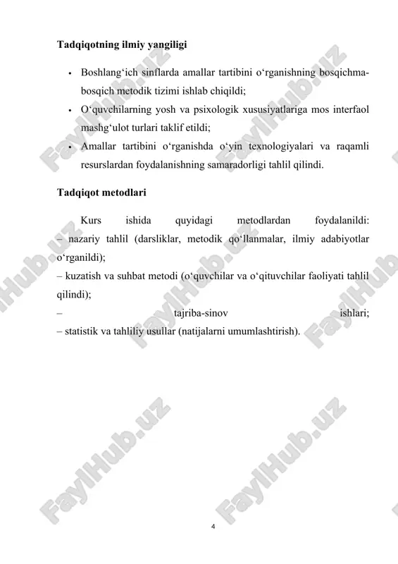 n holda qiziqish bilan kirishib ketadilar.[footnoteref:2] [2: boshlang‘ich sinflarda arifmetik amallar tushunchasi va uni o‘rgatish metodikasi ibroximova jahonbu baxromjon qizi maqola] boshlang‘ich sinflarda qo‘llanadigan texnologiyalaridan foydalanishning maqsadi: o‘quvchilarda hozirjavoblik hissini rivojlantirish, bahs-munozara, erkin fikrlashga asoslangan tafakkur tarzini shakillantirishdan iborat. hozirda keng qo‘llanib kelayotgan interfaol metodlar turlari juda ko‘p bo‘lib, ularning hammasi ham boshlang‘ich ta’limda qo‘llash uchun yaroqli emas. bunga 1-navbatda boshlang‘ich sinf o‘quvchisining o‘qish, yozish tezligining kichikligi va sinfda aksariyat hollarda 30 tadan ortiq o‘quvchi o‘qishi bo‘ladi. interfaol metodlar nisbatan kichik auditoriyalarga (30 tagacha ) va ko‘proq uzluksiz ta’lim tizimining o‘rta va yuqori bo‘ginlariga mo‘ljallangan bo‘lib, boshlangich sinflarda qo‘llash tajribalari juda kam. shuning uchun yangi texnologiyalarning faqat boshlang‘ich sinf matematika darslarida qo‘llash mumkin bo‘lganlari haqida so‘z yuritamiz. interfaol metod sinfda o‘tiladigan mavzular yuzasidan muammoli vaziyatlarni muhokama qilishda “aqliy hujum”, “adashgan zanjirlar”, “savol bering”, “insert”, ”bbb”, “bahs – munozara”, “muammoli savollar”, “kichik guruhlarda ishlash”, “burchaklar metodi“, “kubiklar” metodlari asosida bahs, munozara …