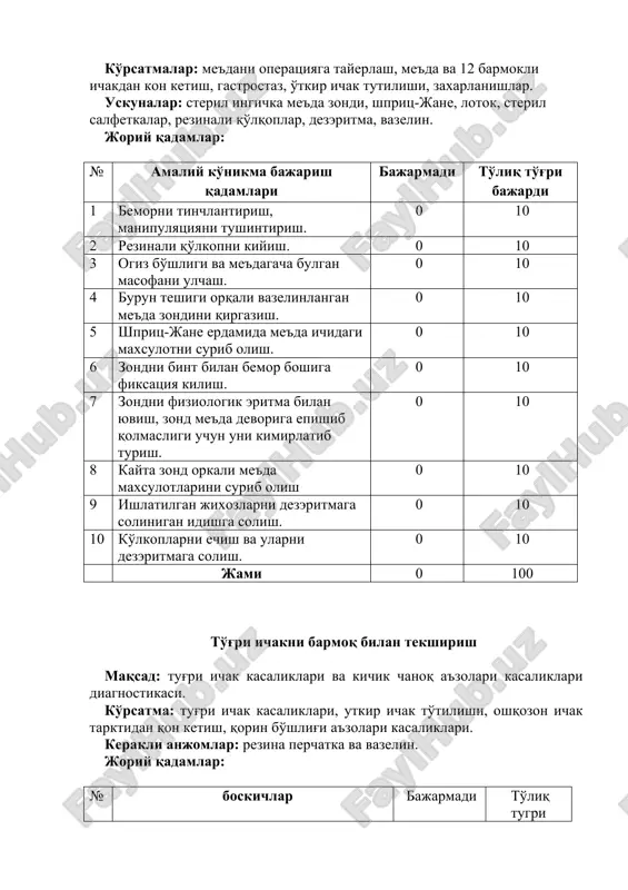 b tekshiriladi, og'riqliyligi, xosila bor yoki yo'qligi, tashqi sfinkter xolati va kichik chanoq a'zolariga baxo beriladi 0 20 6 manipulyadan keyin barmoq ko'riladi, barmoqda patologik ajralmalar bor yoki yo'qligi (yiring, qon, shilliq). 0 20 7 perchatkilarni echish, ularni dezeritmaga solish 0 10 ja'mi 0 100 7 talaba metallsimon anik timpanik tovush eshitadi 0 10 8 kivul simptomini baxolash 0 20 ja'mi 0 100 sifon xo'qna qilish. maqsad: yo'g'on ichakni bo'shatish. ko'rsatma: o'tkir ichak to'tilishi, tozalovchi xo'qna naf bermaganda, ichni so'ruvchi dorilar naf bermaganda. uskunalar: esmarx krujkasi, yo'g'on ichak zondi, vazelin, suv (8-12l). joriy kadamlar: amaliy kunikmalar shetkin blyumberg sipmtomini aniqlash. maqsad: korin parda yalliglanish begisini aniklash (destruktiv appenditsit, 12-barmok ichak yarasini perforatsiyasi) ko'rsatma: korindagi og'riqlar. kerakli anjomlar: yorug' xona,kushetka. bajariladigan boskichlar: № boskichlar bajarmadi to'liq tugri bajardi 1. rezina perchatkani kiyish 0 10 2. orqa teshik soxasini ko'rigi (gemorroy, yoriqlar, o'smalar borligini ko'rish). 0 10 3. bemorni chap enboshga yotqizish, …