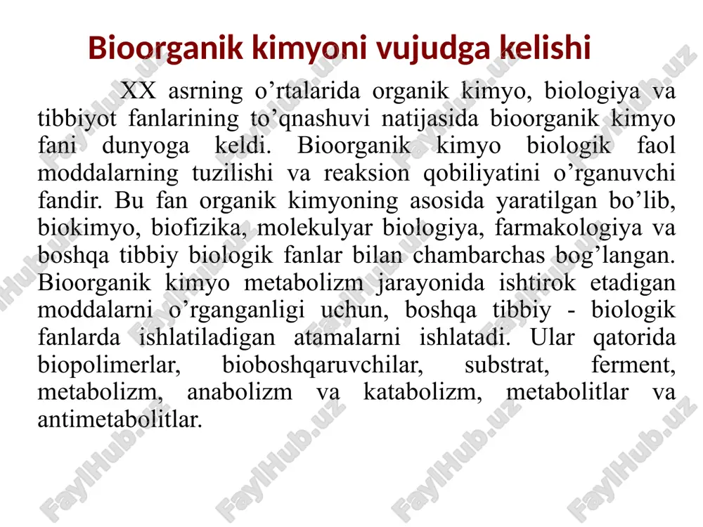 n kislota 2-gidroksipropan kislota(atsetosirka kislota) (sut kislota) geterofunksional birikmalarning reaksion qobiliyati geterofunksional birikmalar bir tarafdan har bir funksional guruxiga hos monofunksional analoglariga o‘xshash reaksiyalarga, ya’ni spirtlarga, aminlarga, karbonil birikmalarga, karbon kislotalarga hos reaksiyalar. va ikkinchi tarafdan guruxlarning o‘zaro ta’siri bo‘yicha – spetsifik reaksiyalarga kirishishadi. geterofunksional birikmalardagi reaksiya turlari: alohida funksional guruxlarining reaksiyalari: nukleofil o‘rin olish va birikish eliminlanish (dekarboksillanish) amfoterlik spetsifik reaksiyalari: xelat xosil qilish ichkimolekulyar xalqalanish molekulalararo xalqalanish aminospirtlar + nosn2–sn–soon no-sn2sn2nh2 no-sn2–sn2–n(sn3)3 nh2 kolamin xolin serin + + sn2 = sn – n(sn3)3 sn3soosn2sn2n(sn3)3 neyrin atsetilholin s6n5 sn3 sn-osn2sn2n s6n5 sn3 dimedrol -so2 -n2o 2-aminoetanolning hosilalari dimedrol-kolaminning xosilasi, gistaminga qarshi vosita (allergiyaga qarshi ta’sirga ega, yengil uxlatuvchi sifatida beriladi). xolin- murakkab lipidlarning tuzilish birligi, odamning xayot faoliyatida axamiyatga ega bolib, yog’ almashinuvini boshkaradi. organizmdagi metillash jarayonida metil - guruxlarini beradi. vit. b4 xam deyiladi. 2-aminoetanolning hosilalari neyrin - (trimetilvinilammoniy)-asab tuqima-larida bo’ladi, kuchli zaxar, murda zaxarlariga kiradi. atsetilxolin-kichik konsentratsiyalarda …