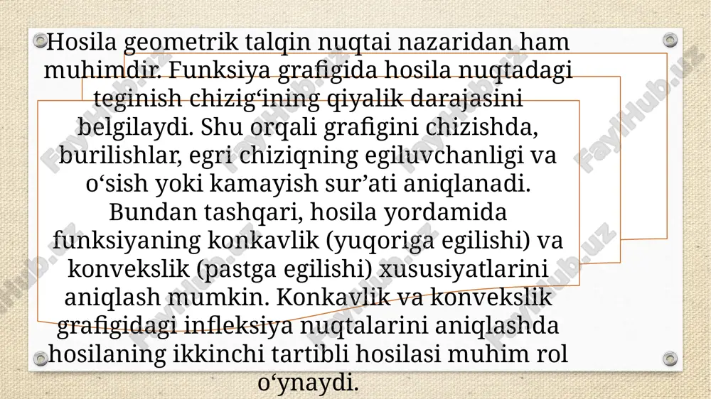 a olinadi. shu tarzda, hosila orqali amaliy masalalarda qaror qabul qilish jarayoni tizimli va ishonchli bo‘ladi. shuningdek, iqtisodiyot, statistika va biologiya kabi sohalarda ham hosiladan foydalanish keng tarqalgan. masalan, aholi o‘sish tezligini, resurs iste’moli sur’atini yoki kasallik tarqalish dinamikasini tahlil qilishda hosila yordam beradi. bu orqali olingan natijalar asosida kelajakdagi jarayonlarni prognoz qilish, muammolarni oldindan aniqlash va samarali yechimlarni ishlab chiqish mumkin. image4.png image5.jpeg image3.png /docprops/thumbnail.jpeg