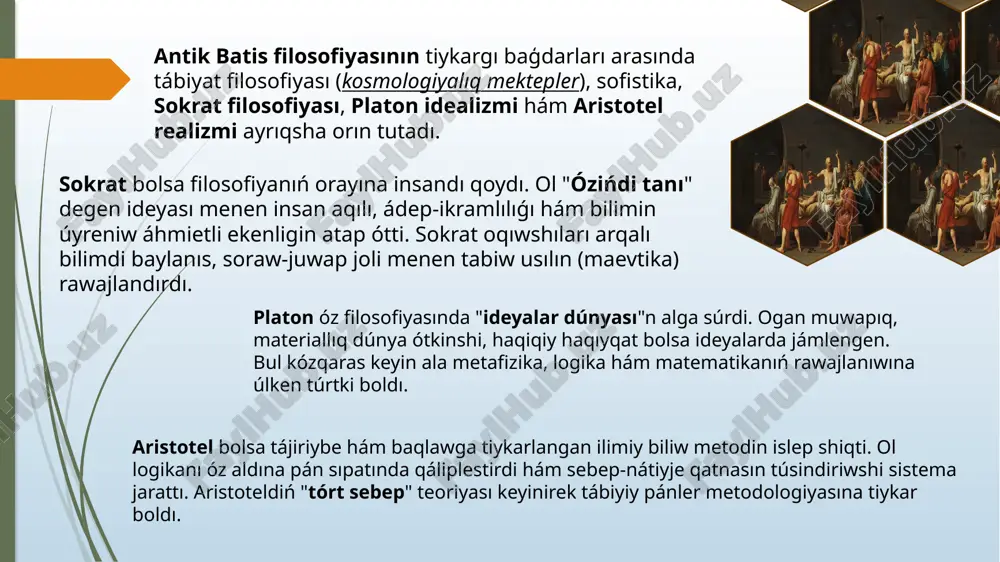 nleslikti jaratıwǵa eristi. bul dáwirde filosofiya diniy ideyalar menen sheklengen bolsa da, ol logika, pikirlew, bilim hám izleniw mádeniyatın rawajlandırdı. skolastikalıq pikirlew sebepli ilimiy dálillerdi keltiriw, pikirdi tiykarlaw hám logikalıq analizlew dástúrleri qáliplesti. bul bolsa evropada keyingi ásirlerde júz bergen ilim hám texnika revolyuciyaları ushın tayanish boldı. orta ásir filosoflarınıń jumısları batıs ilimine eki tárepleme tásir kórsetti: 1. olar aristotel hám basqa antik filosoflardıń miyrasın saqlap qaldı hám oni keyingi áwladlarga jetkerdi. 2. olar diniy isenim menen bir qatarda aqıldı qádirlew ideyasın alģa súrdi, bul bolsa insan oy-pikiriniń ģárezsizlesiwine tiykar jarattı. bul dáwirde qáliplesken filosofiyalıq sistemalar, logikalıq analiz usılları hám biliw metodları evropada oyanıw dáwiri pániniń rawajlanıwına kúshli tásir kórsetti. sol sebepli, orta ásir batis filosofiyası tariyxta "ilim hám isenim arasındaǵı kópir" sipatında tán alınadı. jana dáwir filosofiyası xvii-xviii ásirlerde qáliplesti. bul dáwirde insan oy-pikiri orta ásir diniy sheklewlerinen azat bolip, aqıl, tájiriybe hám ilimiy izleniwge tiykarlangan jańa dúnyaqaras payda …