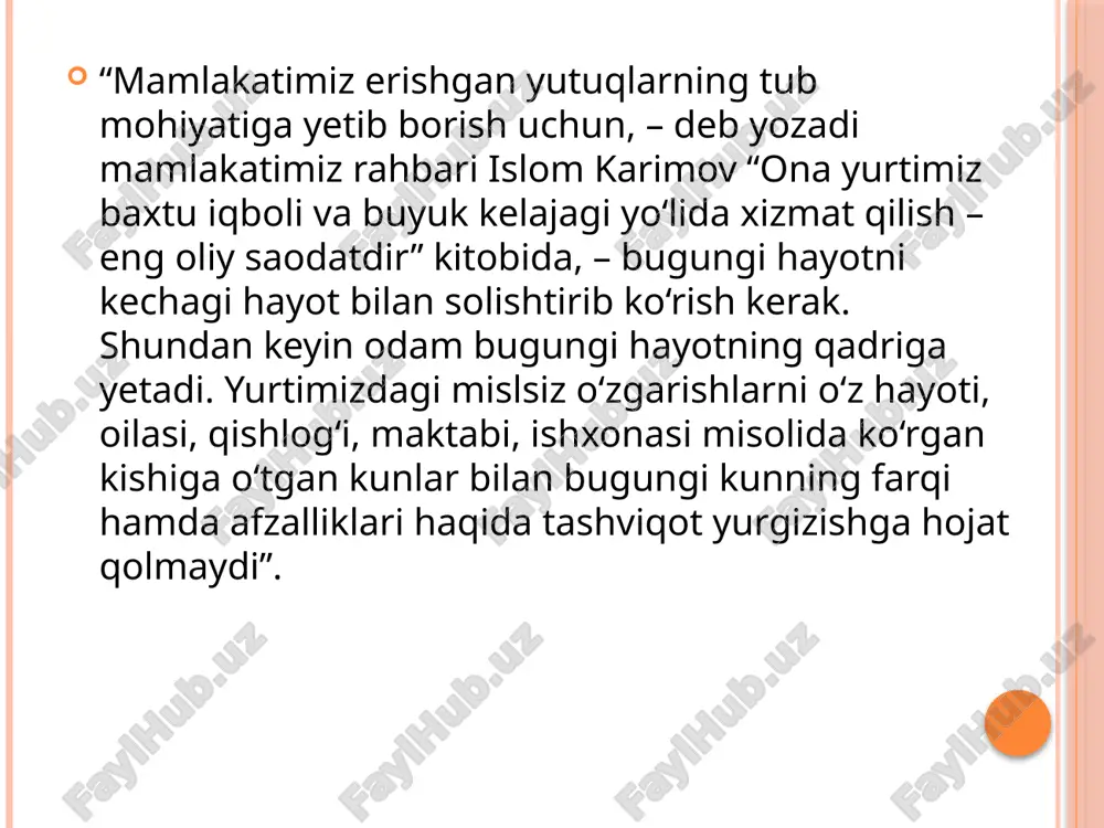 rixga kirdi. axborotlar oqimi shu darajada kuchayib ketdiki, ochig‘ini aytganda, biz ba’zan ularning quliga aylanib qolmoqdamiz, qaysi biri biz uchun foydali-yu, qay biri zararli ekanini anglab ham yetolmayapmiz. natijada bilim saviyasi sayoz, voqea-hodisalarni tahlil qilish salohiyatiga ega bo‘lmagan ayrim yoshlar turli qing‘ir yo‘llarga kirib ketmoqda. xalqimiz asrlar davomida oila va qo‘ni-qo‘shnichilik an’analarini mustahkam saqlab kelgan. bu bizda qadriyat darajasiga ko‘tarilgan. “qo‘shning tinch – sen tinch” degan maqol bekorga aytilmagan. bu masalaga mustaqillik yillarida o‘zbekistonda davlat siyosati darajasida ahamiyat qaratilib, ushbu yo‘nalishda ko‘p ishlar amalga oshirilmoqda. bugungi kunda yurtimizda 10 mingga yaqin mahalla fuqarolar yig‘inlari faollari tomonidan shu borada olib borilayotgan ishlar tahsinga loyiq. mahallalarimizda hamjihatlik, ahillik va totuvlik, bir-biriga ishonch, mehr-oqibat ruhi kuchayib bormoqda. barchamizga ma’lum bir haqiqat bor: hamma narsaning mazmun-mohiyati, ahamiyati taqqoslashda bilinadi. shunday ekan, bizning ma’naviy-ma’rifiy sohadagi ishlarimiz mamlakatimiz va jahonning hali u, hali bu davlatlariyu mintaqalarida sodir bo‘layotgan voqea-hodisalarni solishtirish, ulardan muayyan, adolatli xulosalar chiqarishga undashi …