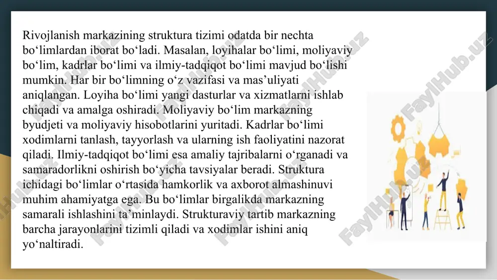 n, resurs yetishmovchiligi, xodimlar malakasining pastligi yoki loyihalarni amalga oshirishdagi qiyinchiliklar. muammolarni aniqlash uchun monitoring va baholash tizimlari ishlatiladi. . ularni bartaraf etish uchun strategik rejalashtirish va resurslarni samarali taqsimlash zarur. xodimlarni doimiy tayyorlash va motivatsiya tizimini joriy etish muhim hisoblanadi. texnologik yangilanishlar va elektron tizimlar yordamida jarayonlarni optimallashtirish mumkin. tajribali mutaxassislar bilan maslahatlashish va xalqaro hamkorlikni rivojlantirish muammoni yengillashtiradi. muammolarni bartaraf etish markazning samaradorligini oshiradi. foydalanuvchilar ehtiyojini yaxshiroq qondirish imkonini beradi. shuningdek, muammolarni aniqlash va yechish bo‘yicha aniq me’yorlar ishlab chiqiladi. kelajakda rivojlanish markazlarining faoliyatini takomillashtirish asosiy yo‘nalishlardan biri hisoblanadi. zamonaviy texnologiyalar va innovatsion usullar joriy etilishi rejalashtiriladi. xodimlarni malakasini oshirish va professional rivojlanishini qo‘llab-quvvatlash muhimdir. loyihalarni amalga oshirishda samaradorlikni oshirish va natijalarni monitoring qilish tizimi kengaytiriladi. mahalliy va xalqaro hamkorlikni rivojlantirish orqali tajribalarni almashish imkoniyati yaratiladi. foydalanuvchilar ehtiyojlarini aniqlash va xizmatlarni diversifikatsiya qilish rejalashtiriladi. resurslarni oqilona taqsimlash va moliyaviy barqarorlikni ta’minlash istiqboli mavjud. shuningdek, markazning strategik rivojlanish rejasi …