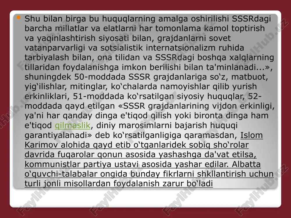 ining asosiy belgilari ifodalagandir. shunday qilib 1991 yil 31 avgustiga kelib jafokash o‘zbek xalqining milliy mustaqillik xususidagi azaliy orzusi amalga oshdi. o‘zbek xalqi «buyuk og‘alar»ning iqtisodiy va siyosiy muteligidan qutilib, mustaqil ichki va tashqi siyosat yurgizish, o‘z taqdirini o‘zi belgilash imkoniyatlariga ega bo‘ldi. mustaqillik davlat ramzlariga ega bo‘ldi. qator xorij davlatlar mustaqil o‘zbekiston respublikasini davlat sifatida tan oldilar. endi yangi, suveren davlatni kompleks rivojlantirishning «o‘zbek modeli» bunyod etildi. islom karimovning «o‘zbekistonning o‘z istiqlol va taraqqiyot yo‘li» asari ana shunday modelini o‘zida atroflicha mujassamlashtirdi. milliy mustaqillikni qo‘lga kiritishimiz munosabati bilan mamlakatimizda siyosiy partiyalar va jamoat tashkilotlarini vujudga kelishi va faoliyat ko‘rsatishi uchun huquqiy asoslar yaratildi. jumladan, 1)1991 yil 15 fevralida «jamoat tashkilotlari to‘g‘risida», 2)1996 yil dekabrida «siyosiy partiyalar to‘g‘risida»,3) 1998 yil 28 aprelida «vijdon erkinligi va diniy tashkilotlar to‘g‘risida», yangi taxrirda qonunlar qabul qilindi. ushbu o‘zgarishlar milliy g‘oya va mafkuraning vujudga kelishida siyosiy zamin yaratdi. bu narsa ushbu kursni o‘rganishning axamiyatini …