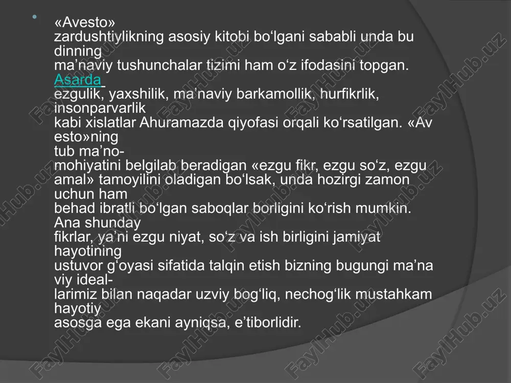 iy ehtiyojlari, qiziqishlari, manfaatlari, talablari va maqsadlari bilan uzviy bog‘- langan. masalan, kishilar o‘rtasidagi hamkorlik odamlarning birlashish ehtiyojlari ko‘pligi, himoya qilish qurollari kamligi va dushmanlardan o‘zini himoya qilish zarurati tufayli vujudga kelgan. beruniy hunar, savdo-sotiq, mamlakatlararo madaniy-ilmiy aloqalarni kuchaytirish, ijtimoiy hayotda ilm-fanni rivojlantirish, uning rolini oshirishning tarafdori bo‘lgan. u bosqinchilarning yurtimiz madaniy yodgorliklarini yo‘qotish sohasidagi siyosatini qoralaydi, madaniy taraqqiyotda vorislikning ahamiyatini ta’kidlaydi ma’naviyat masalasi abu ali ibn sinoning (980-1037) ham diqqat markazida turgan. allolamaning ma’naviyatga oid qarashlari «donishnoma», «solomon va ibsol» kabi asarlarida o‘z ifodasini topgan. uning nazarida, o‘z ibtidosini allohdan olgan borliq va tabiat insonni o‘rab turuvchi abadiy makondir. shu jihatdan uning qadri beqiyos, inson esa hamma boyliklarni tabiatdan oladi, undan o‘ziga davo topadi. ibn sino inson, uning o‘z-o‘zini idora qilishi haqidagi fanlarning ahamiyatini yuksak baholaydi. ibn sinoning fikricha, odamning qadri boshqalar bilan hamkorligi, yaxshi axloqiy fazilatlarga ega bo‘lishga intilishi, donoligi, boshqalarga yaxshilik qila olishi bilan belgilanadi. muqaddas zaminimizda …