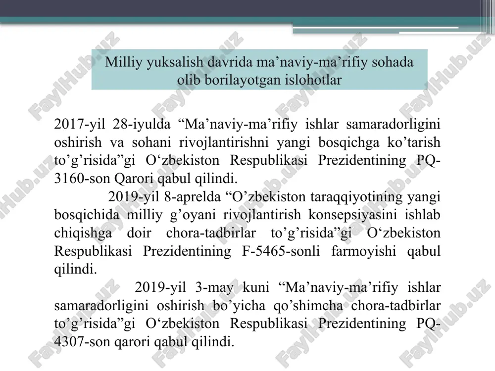 ishni (1992-yil); yangi o‘quv rejalari, dasturlari, darsliklarini joriy etishni, zamonaviy didaktik ta’minotni ishlab chiqishni; o‘quv yurtlarini attestatsiyadan o‘tkazishni va akkreditatsiyalashni, yangi tipdagi ta’lim muassasalarini tashkil etishni taqozo etdi. maktabgacha ta’lim sohasida uylarda tashkil etiladigan bolalar bog‘chalari hamda “bolalar bog‘chasi-maktab” majmui tarmog‘i rivojlanib bormoqda. bolalarga chet tillarni, xoreografiya, tasviriy va musiqa san’ati, kompyuter savodxonligi asoslarini o‘rgatuvchi 800 dan ortiq guruh tashkil etilgan. yangi tipdagi maktablar va umumta’lim o‘quv yurtlari tarmog‘i rivojlanib bormoqda. hozirgi kunda 238 litsey va 136 gimnaziya ishlab turibdi. “sog‘lom avlod uchun”, “ma’naviyat va ma’rifat”, “iqtisodiy ta’lim”, “qishloq maktabi”, “rivojlanishda nuqsoni bo‘lgan bolalarni tiklash” va boshqa tarmoq dasturlari ro‘yobga chiqarilmoqda. respublika umumta’lim maktablarida 435 mingdan ortiq o‘qituvchi ishlamoqda, ularning 73 foizi oliy ma’lumotlidir milliy g‘oya va mafkura» fanining dasturida «vatan taqdiri mening taqdirim, vatan kelajagi – mening kelajagim» deb yashash tarzini qaror toptirish vazifalarini, mustaqillikni mustahkamlash uchun qanday hissa qo‘shdim! degan tushunchalarni paydo qilishga intilish degan to‘g‘ri talab qo‘yilgan. …