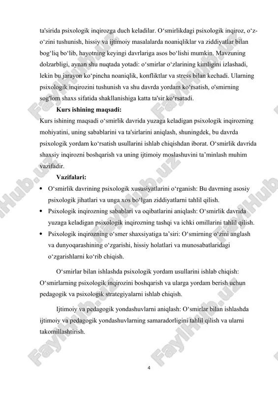 y holatlarni yaxshilash, ijtimoiy moslashuvni qo‘llab-quvvatlash va o‘smirlarning o‘zligini anglashlariga yordam berish. kurs ishining predmeti va obyekti: obyekt: o‘smirlik davridagi psixologik inqiroz va uning o‘smirlar hayotidagi ta'siri. bu davrda yuzaga keladigan psixologik va hissiy o‘zgarishlar, o‘smirlarning shaxsiy inqirozi va ularning ijtimoiy, o‘quv va munosabatlaridagi noaniqliklar. predmet: o‘smirlik davrida psixologik inqirozni boshqarish metodlari, unga ta’sir qiluvchi omillar va o‘smirlarga psixologik yordam berishning usullari. bu, o‘smirlarning o‘zlikni anglash, hissiy va ijtimoiy o‘zgarishlarni boshqarishga yordam berish uchun ishlatiladigan metodlarni o‘rganishdir. ishning tuzilishi va hajmi. kurs ishi 2 bob, 6 bo’lim, xulosa, tavsiya va foydalanilgan adabiyotlar ro’yxati qismidan iborat. kurs ishi jami 37 betdan iborat. i bob. oʻsmirlik davri va psixologik inqiroz tushunchasi 1.1 oʻsmirlik davrining psixologik xususiyatlari oʻsmirlik davri inson hayotining o’ziga xos va murakkab bosqichi bo’lib, u jismoniy va psixologik o’zgarishlarning intensiv kechish davridir. bu davrda o’zini anglash, kimligini topish, ijtimoiy va hissiy jihatdan o’zgarishlar yuzaga keladi. oʻsmirlik davri odatda 12-18 yosh …