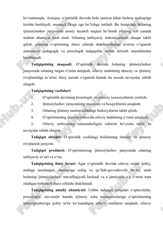 n boshqalardan ajralib turadi. odamning ijtimoiy mavjudot sifatida shaxsga aylanishi uchun ijtimoiy muhit sharoitlari va tarbiya kerak bo’ladi. ana shular ta’sirida odam inson sifatida rivojlanib boradi va shaxsga aylanadi. rivojlanish-oddiydan murakkabga, quyidan yuqoriga, eski sifatlardan yangi holatlarga o’tish, yangilanish, yangining paydo bo’lishi, eskining yo’qolib borishi, miqdor o’zgarishining sifat o’zgarishiga o’tishini ta’minlovchi murakkab harakat jarayoni sanaladi. rivojlanishining manbai qarama-qarashliklarni o’rtasidagi kurashdan iboratdir. bola shaxsining rivojlanishi inson ijtimoiy mavjudotdir, degan falsafiy ta’limotga asoslanadi. ayni vaqtda inson tirik, biologik mavjudot hamdir. demak, uning rivojlanishida tabiat rivojlanishining qonuniyatlari ham muhim ahamiyatga ega. shuningdek, shaxs bir butun mavjudot sifatida baholanar ekan, uning rivojlanishiga biologik va ijtimoiy qonuniyatlar birgalikda ta’sir etadi, ularni birbiridan ajratib bo’lmaydi. chunki shaxsning faoliyati, hayot tarziga yoshi, bilimi, turmush tajribasi bilan birga boshqa fojiali holatlar, kasalliklar ham ta’sir etadi. insonning ijtimoiylashuvi jarayoni uning hayoti davomida davom etadi, ammo bu ayniqsa bolalik davrida intinsiv ravishda amalga oshiriladi. aynan o’sha paytda shaxsning ma’naviy rivojlanishining …