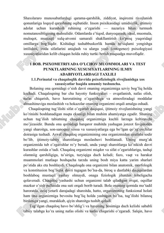 yashagan bo’lsa, tug’ilishi bilanoq birdaniga yangi, murakkab, qiyin sharoitga tushib qoladi. tug’ilgan chaqaloq havo bo’shlig’i va havoning bosimiga duch kelishi sababli tabiiy talabga ko’ra uning nafas olishi va nafas chiqarishi o’zgaradi. salqin, havo oqimiga tushishi bilan haroratning ta’siriga moslashish uchun harakat qiladi. unda ovqatlanish usuli va vositasi ham o’zgaradi, ya’ni plansentar oziqlanish (ona organizmidan bevosita qonga moddalar so’rilishi)dan oral oziqlanish (ovqat og’iz bo’shlig’i orqali me’da-ichakka borishi)ga o’tadi. chaqaloq hayvonlarning bolalariga qaraganda , himoyaga muhtojroq, nochorroq bo’lib tug’iladi. tug’ilish arafasida unda nasliy yo’l bilan mustahkamlangan ayrim mexanizmlar, shartsiz reflekslar paydo bo’ladiki, bular yangi hayot sharoitiga moslashishni birmuncha yengillashtiradi. chaqaloq tug’ilganda uning ovqatlanish reflekslari ma’lum darajada shakllangan: asosan, so’rish, emish reflekslari o’z vazifasini ado etishga tayyor bo’ladi. chaqaloqning labiga va tilining shilimshiq pardasiga biror qo’zg’atuvchi tegishi bilan unda ixtiyorsiz ravishda so’lak ajrala boshlaydi. ona ko’kragini emishda uning boshqa har qanday harakatlari sekinlashadi yoki mutlaqo to’xtaydi. psixologlar m.p.denisova va n.l.figurinlar chaqaloqlardagi mazkur jarayonni …