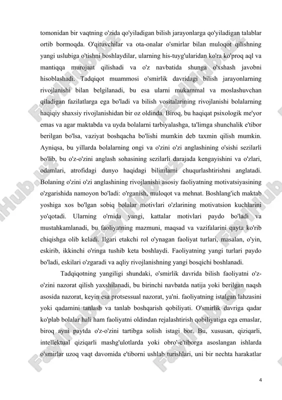 rayonlarning rivojlanishi muammolarini ochib bering. 4. o'smirlarda xotira, fikrlash va diqqat jarayonlarining rivojlanish darajasini o'rganish uchun diagnostika usullarini tanlang. 5. o'smirda bilish jarayonlarni rivojlantirish bo'yicha tavsiyalar ishlab chiqish. kurs ishining amaliy ahamiyati. kurs ishi jarayonida ilgari surilgan fikrlardan, yondashuvlardan hamda samaradorligini ta’minlovchi kurs ishi natijalaridan pedagogik fanlar bo‘yicha ma’ruzalar tayyorlash, qo‘llanmalar yaratish, shuningdek metodik tavsiyanomalar yaratishda, ish tajribalarini ommalashtirishda samarali foydalanishga xizmat qiladi. kurs ishi ishining tarkibiy tuzilishi va hajmi: ish kirish, 2 bob, 4 bo‘lim, umumiy xulosalar va tavsiyalar, foydalanilgan adabiyotlar ro‘yhatidan iborat i bob. o'smirlarda bilish jarayonlarni rivojlantirish muammosini o'rganishga nazariy yondashuvlar. 1.1 bilish jarayonlar tushunchasi va xususiyatlari shaxsning psixologik tuzilishiga turli nuqtai nazardan qarash mumkin. ushbu yondashuv yordamida inson psixikasining tarkibiy qismlarini, ularda psixik jarayonlar, holatlar, shakllanishlar va xususiyatlarni aniqlash mumkin bo'ldi. inson xulq-atvorining asosiy tartibga soluvchisi bo'lgan aqliy jarayonlar genetik va funktsional jihatdan uning aqliy faoliyatining boshlang'ich bosqichidir. ular asosida ruhiy holatlar vujudga keladi, psixik shakllanishlar …