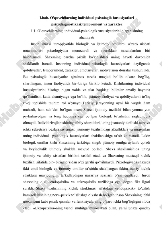 il bilan belgilanadi, «ekzopsixika» esa biologik jihat bilan bog’liqdir. shaxsning shakllanishida biologik va ijtimoiy omillarning ahamiyatini bir qancha psixologlar ilmiy ishlarida izchil o’rgangan bo’lib, ulardan bir qanchalarining fikr va qarashlarini keltiramiz. amerikalik ruhshunos s.xoll gekkelning evolyutsiya qonuniyatini psixologiyaga ko’chirdi. uning fikriga ko’ra, «irsiyat» filogenezni onogenezda takrorlaydi. olimning talqinicha, go’daklik hayvonlarga xos rivojlanish pallasidan boshqa narsa emas, bolalik esa asosiy mashg’uloti ovchilik va baliqchilik bo’lgan qadimgi kishilarning davriga aynan mos keladi. 8-12 yoshlardagi o’sish davri yovvoyilikning oxiri va tsivilizatsiyaning boshlanishiga teng. o’spirinlik esa jinsiy yetilishdan boshlanib yetuklik davrigacha romantizmga barobardir. shveytsariyalik psixolog e.klapared s.xolldan farqli ravishda, ontegenez va filogenezda shaxs psixik funktsiyasini o’rganish uchun quyidagi holatlarga ahamiyat beradi: a) organizm ehtiyojini qondirish; b) reflektor harakat to’siqqa duch kelsa, ongli harakat vujudga keladi; v) unga nisbatan ehtiyoj sezsa, unda ma’lum faoliyat turiga yo’naltiriladi. frantsuz psixologi e.dyurkgeym o’sish–kishilarning his–tuyg’usini o’zlashtirish ekanini, shu tufayli, idrok qilingan tashqi fikrlar va emotsiyalar bolaning ruhiy faoliyatini ifodalanishini, …