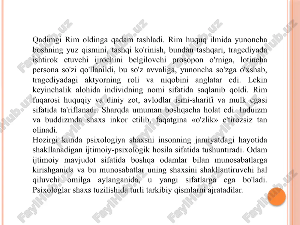 uhiy yoki ichki xususiyatlaridan kelib chiqib, uni ta'riflovchi va hulq-atvorini tushuntirib beruvchi nazariyalar kiradi. ijtimoiydinamik nazariyalarning nuqtai nazariga ko'ra, hulq-atvor determinatsiyasida asosiy o'rinni tashqi vaziyatlar egallaydi. interaksion nazariyalar insonning dolzarb faoliyatini boshqarishdagi ichki va tashqi omillarning o'zaro harakati tamoyiliga asoslangan. shaxs haqida ma'lumotlarga ega bo'lish usuliga ko'ra barcha nazariyalarni eksperimental va noeksperimentallarga bo'lish mumkin. eksperimental shaxs nazariyalariga tajriba o'tkazish yo'li bilan to'plangan ma'lumotlarni tahlil qilish va umumlashtirishga asoslangan nazariyalar, noeksperimentallarga esa - mualliflari tajribaga murojaat qilmasdan turib, hayotiy taassurotlarga, kuzatishlar va tajribaga tayangan holda nazariy bilimlarni umumlashtiradigan nazariyalar kiradi. shaxs nazariyalarining qisqacha mazmuni biogenetik nazariya - insonning biologik yetilishi bosh omil sifatida qabul qilingan bo‘lib, qolgan jarayonlarning taraqqiyoti ixtiyoriy xususiyat kasb etib, ular bilan o‘zaro shunchaki aloqa tan olinadi, xolos deb qaraladi. biogenetik qonunni f.myuller va e.gekkellar kashf qilishgan. sotsiogenetik - nazariyaga ko‘ra individ o‘zgarmas genlar orasidagi vaqtinchalik qobiq vazifasini bajaradi. unga ko‘ra individning hayotdagi asosiy vazifasi ajdodlariga xos bo‘lgan …