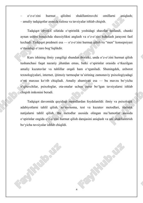 faoliyat olib borishi, o‘z “men”ini qanday namoyon qilishi bilan bog‘liq. ushbu tarkiblar birgalikda insonning “men” konsepsiyasini shakllantiradi va rivojlantiradi. bu konsepsiyaning rivojlanish darajasi, barqarorligi yoki ziddiyatli holati shaxsning ruhiy holati va ijtimoiy muvozanatiga bevosita ta’sir ko‘rsatadi. psixologik jihatdan “men” konsepsiyasi doimiy emas, balki rivojlanib boradigan dinamik tizimdir. bola avval o‘z tanasini, keyin ijtimoiy rolini, so‘ng shaxsiy fazilatlarini anglay boshlaydi. ayniqsa, o‘spirinlik davrida bu jarayonlar keskin va faol tus oladi. o‘spirin “men kimman?”, “qanday inson bo‘lishni istayman?”, “boshqalar meni qanday ko‘radi?” kabi savollar bilan kurasha boshlaydi. bu holat esa “men” konsepsiyasining intensiv rivojlanishiga olib keladi. o‘spirinlik yoshidagi shaxslar o‘zlarini jamiyatdagi o‘rnini topishga, mustaqil qaror qabul qilishga, ijtimoiy jabhada o‘zini isbotlashga intiladilar. shu bilan birga, bu davrda “men” konsepsiyasi hali barqaror emasligi sababli shaxs o‘ziga nisbatan ishonchsiz, noaniq yoki ziddiyatli holatlarda bo‘lishi mumkin. bunda atrof-muhit — oila, do‘stlar, maktab, ijtimoiy media va jamiyatdagi qadriyatlar muhim rol o‘ynaydi. shaxsning o‘zini anglash jarayoni rivojlanmagan …