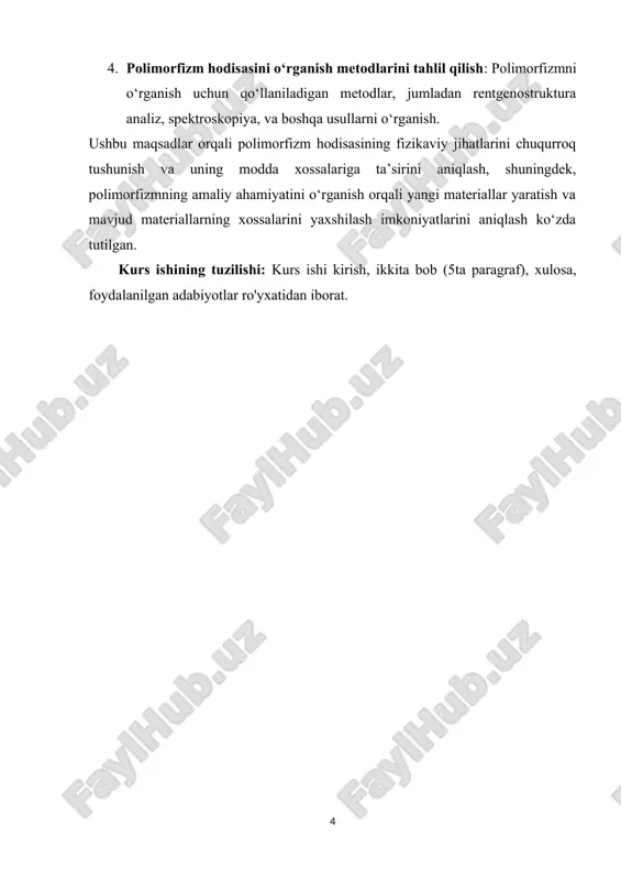 shakl o‘zining energetik barqarorligini bildiradi. bu jarayon moddaning fizikal va kimyoviy xususiyatlarini o‘zgartirishi mumkin, masalan, erish nuqtasi, qattiqlik, mustahkamlik, elektr va issiqlik o'tkazuvchanligi kabi. kristall tuzilishi bir xil kimyoviy tarkibga ega bo‘lgan moddada turli shakllar hosil qilishning asosiy omilidir. kristall tuzilishi deganda, atomlar yoki molekulalarning fazodagi joylashishining tartibi tushuniladi. polimorfizmda, bir xil modda turli kristall shakllarini hosil qiladi, chunki atomlar yoki molekulalar bir-biri bilan turli usullarda o‘zaro ta’sir qiladi va shu tarzda turli strukturalar shakllanadi. polimorfizmda moddaning shakl o‘zgarishi termodinamik va kinetik jihatdan boshqariladi. har bir polimorfik shaklning barqarorligi temperaturaga, bosimga, erish tezligiga va boshqa sharoitlarga bog‘liq bo‘ladi. ba'zi polimorflar yuqori temperatura yoki bosimda barqaror bo‘ladi, boshqalari esa past sharoitlarda barqaror holatga o‘tadi. 1.2 polimorfizmning fizik asoslari polimorfizmda moddaning molekular yoki atom tuzilishi o‘zgarib, turli kristall tuzilishlari hosil bo‘ladi. boshqacha aytganda, bir xil kimyoviy tarkibdagi modda bir nechta turli xil kristall shakllarini olishi mumkin. polimorfizmning fizik asoslari kristall tuzilishining o‘zgarishi, …